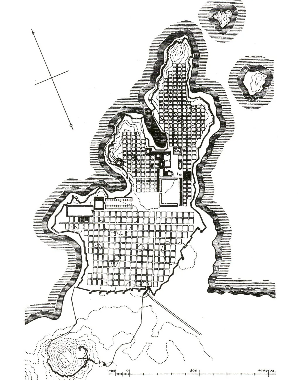 Plan of Miletus in the Classical period (c. 400 BCE) showing the orthogonal Hippodamian grid of regular insulae across the peninsula with the central agora/public zone — the classic Hippodamian city p