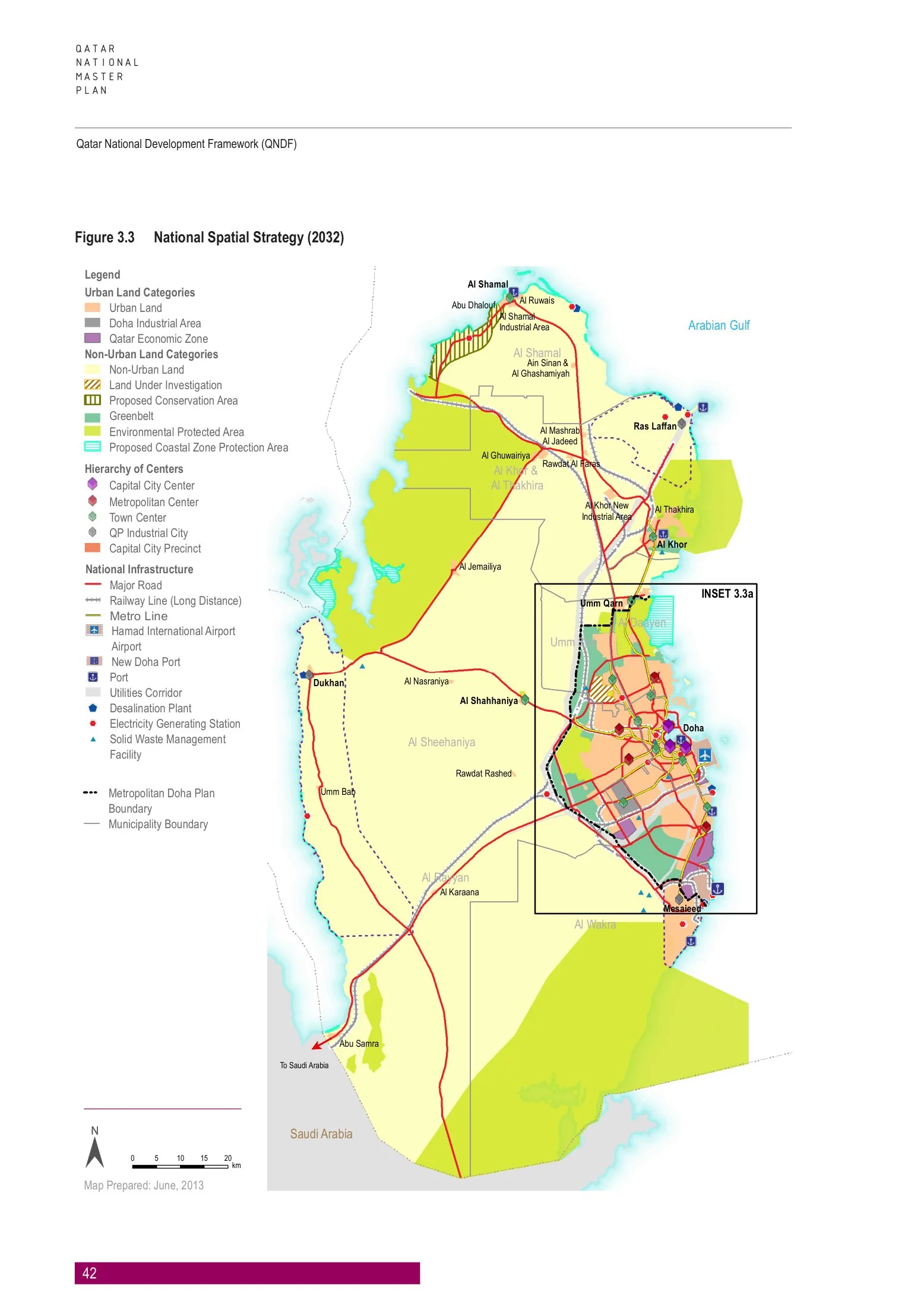 Qatar National Spatial Strategy 2032: urban land, greenbelt and conservation areas, the hierarchy of capital/metropolitan/town centres, and national road, rail and metro infrastructure.