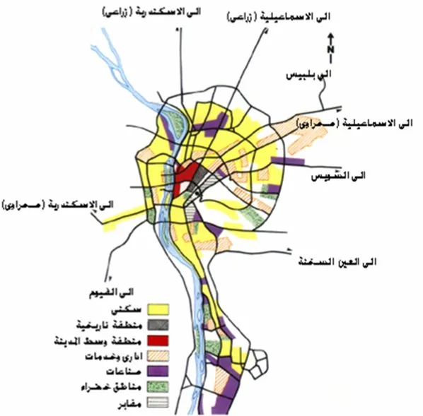 Regional master-scheme map of the 1970 Greater Cairo plan, showing the proposed ring road as the peripheral boundary of the urban agglomeration and new urban communities beyond the dense core. Verifie