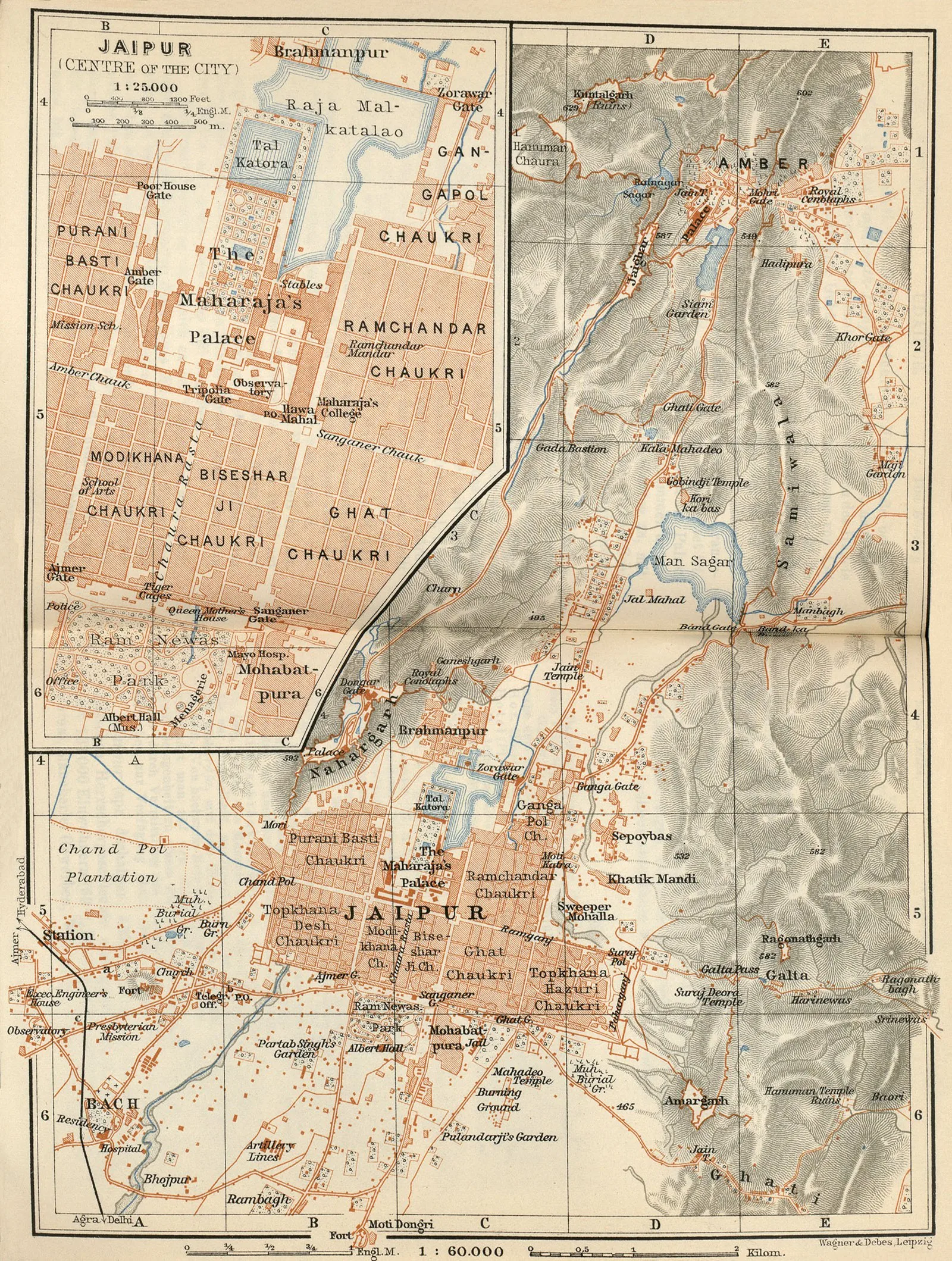Historical 1914 Baedeker map of Jaipur. The 'Centre of the City' inset (1:12,500) shows the walled city's grid divided into named rectangular chowkris around the Maharaja's Palace, reflecting the nine