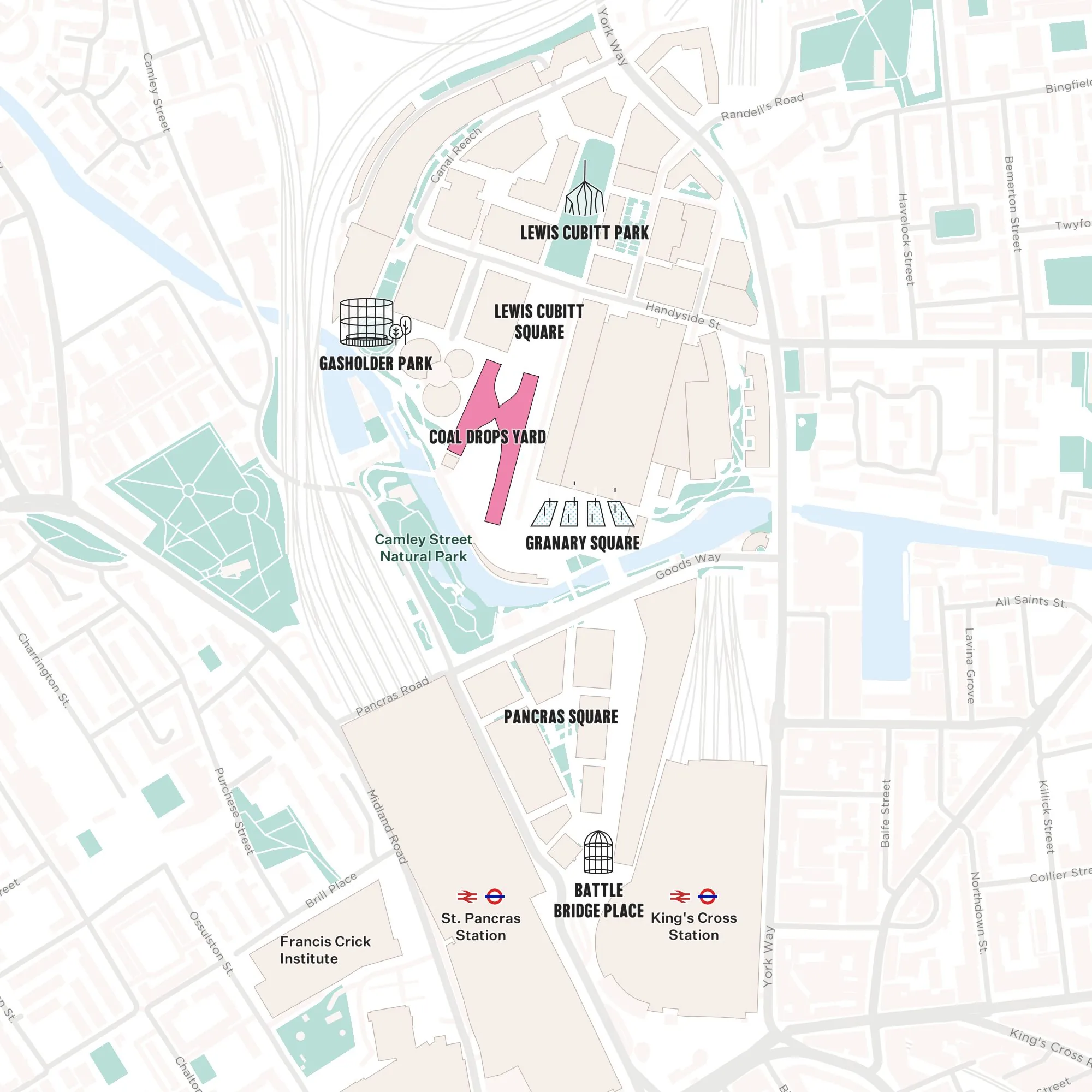 Figure-ground plan of the King's Cross Central masterplan, showing the new street and block structure with Granary Square, Coal Drops Yard, Lewis Cubitt Square and Gasholder Park.