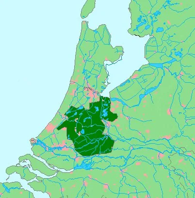 Map of the Netherlands showing the Randstad ring of cities (Amsterdam, Utrecht, Rotterdam, The Hague) encircling the Groene Hart (Green Heart), the open agricultural core central to the 1958 Randstad/