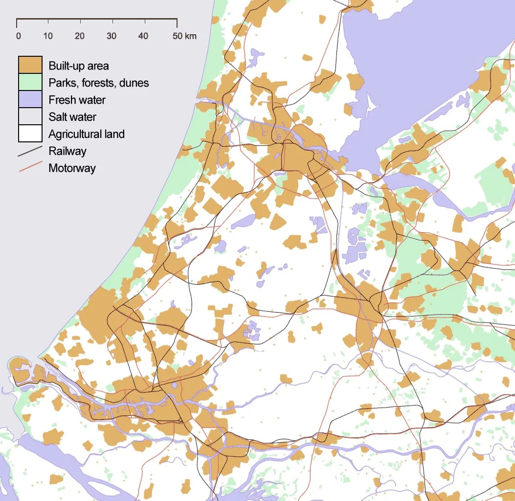 Map of the Randstad conurbation in the Netherlands, the core region addressed by the national spatial strategy SVIR (Structuurvisie Infrastructuur en Ruimte).