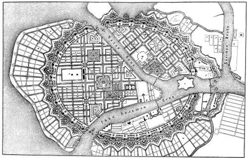Jean-Baptiste Le Blond's 1717 master plan for Saint Petersburg, an idealized design centering the new city on Vasilyevsky Island within an elliptical ring of fortifications with a right-angled street 