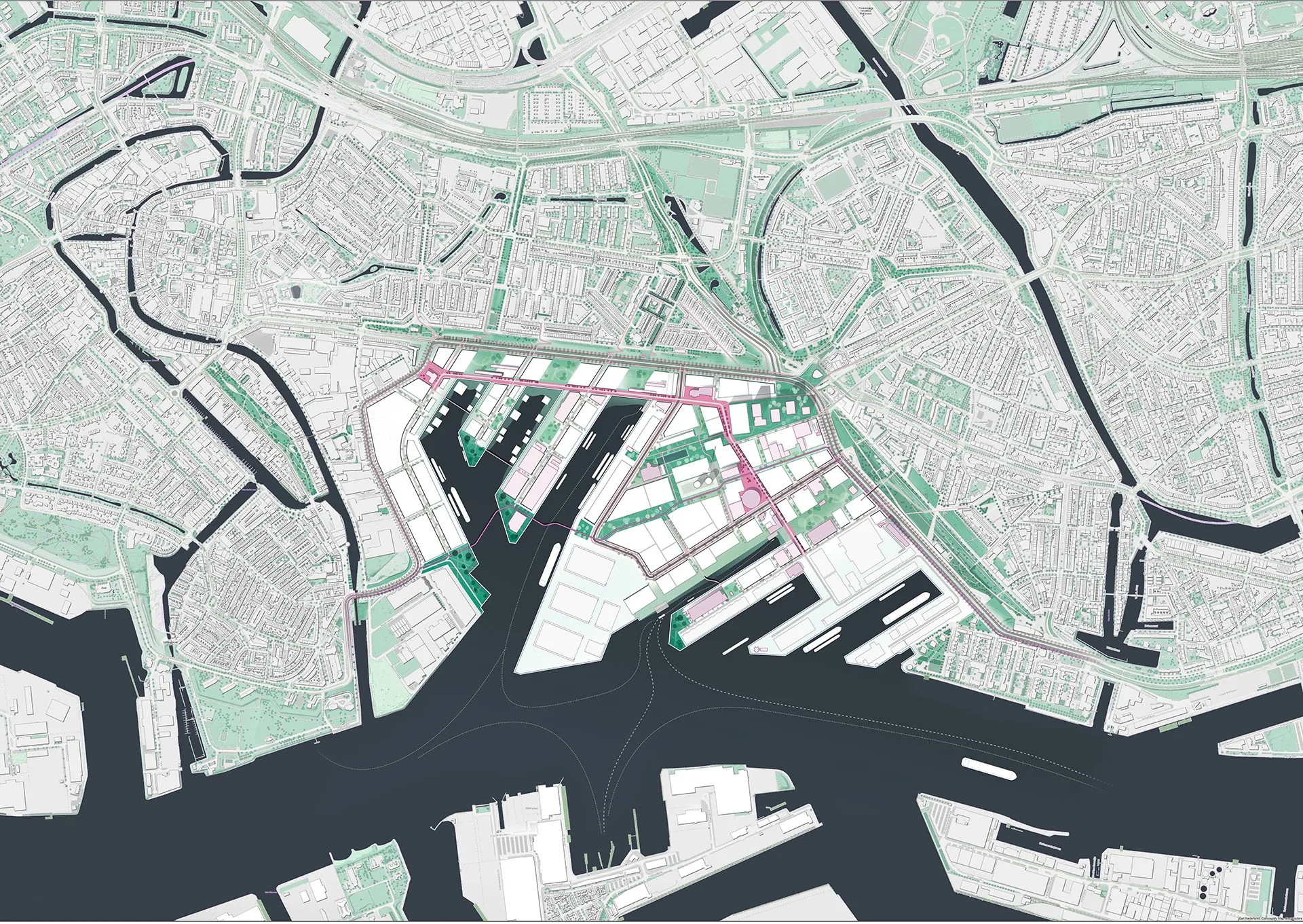 Spatial framework plan (2035) for Merwe-Vierhavens (M4H), Rotterdam Stadshavens: new blocks, quays, streets and green-blue structure in the former port basins.