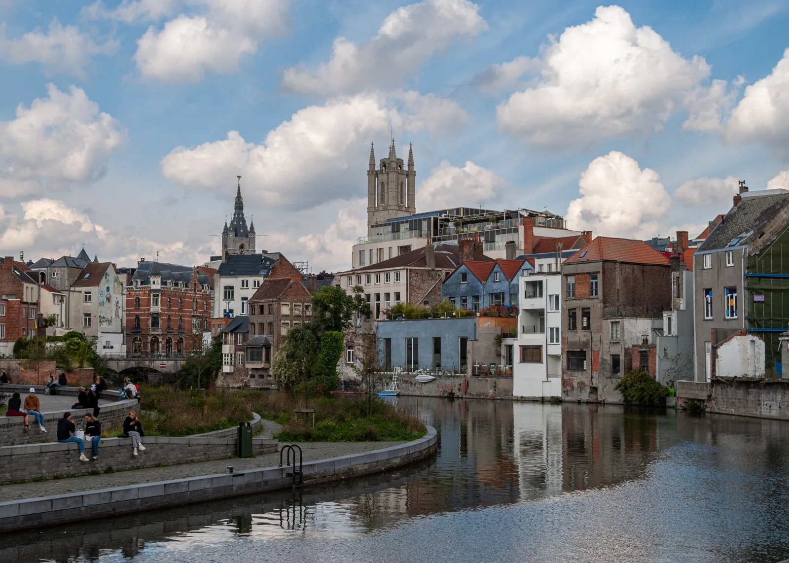 Elevated view of the Ghent skyline from the Kuiperskaai (2022).
