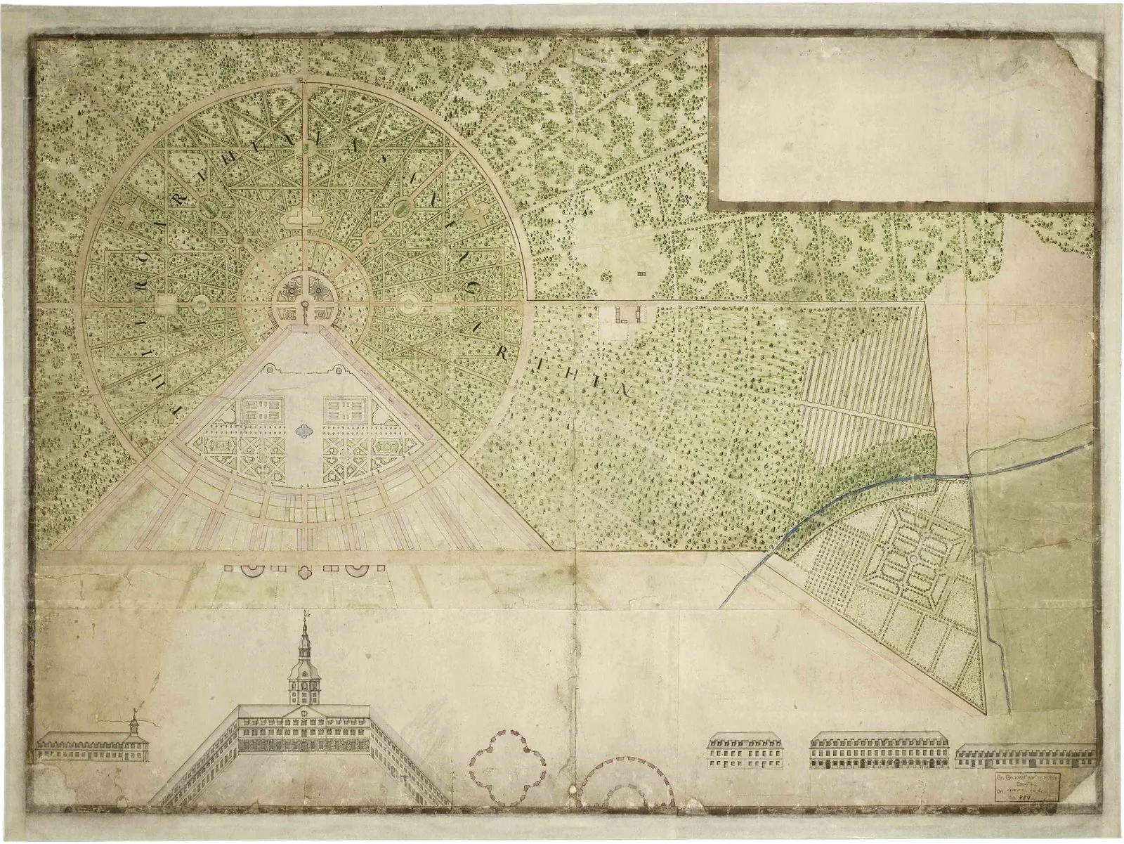 Early ground plan (Grundriss) of Karlsruhe, founded 1715, showing the 32 streets radiating in a fan from the central palace tower (the 'Facherstadt' absolutist geometry), with palace elevations below.