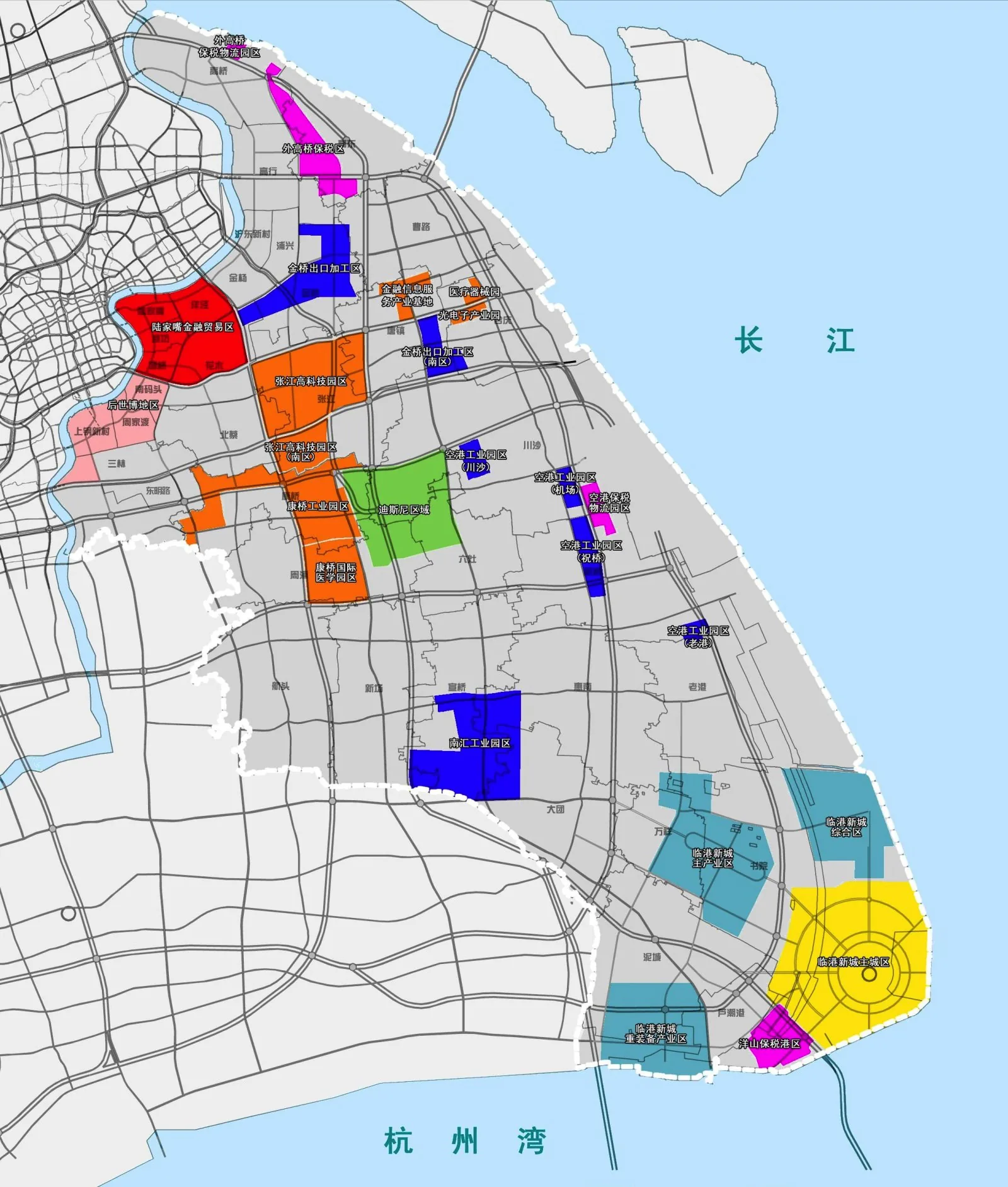 Map of Shanghai Pudong New District, the principal growth zone of the 1999–2020 master plan