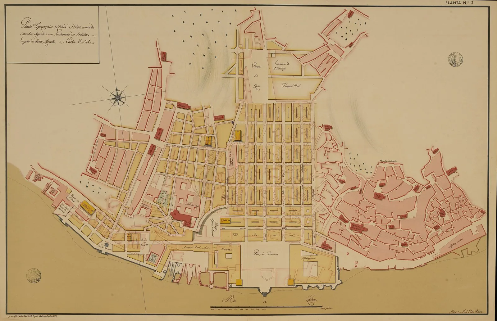 The Pombaline reconstruction plan for downtown Lisbon (the Baixa), showing the new orthogonal grid of streets between Praça do Comércio and Rossio adopted after the 1755 earthquake.