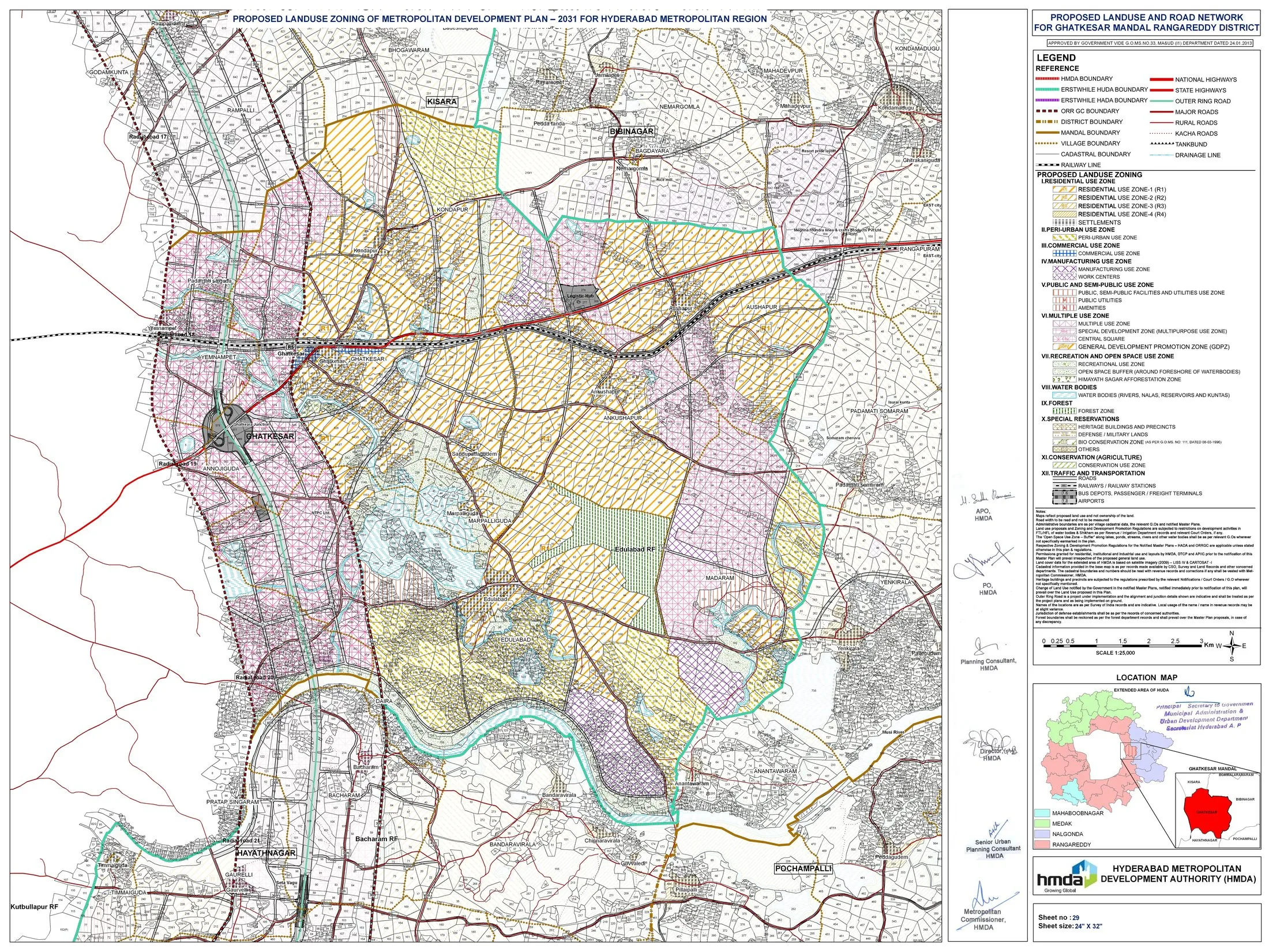 Notified Proposed Land Use Zoning sheet of Hyderabad's Metropolitan Development Plan 2031 (Ghatkesar mandal, sheet 29 of 30, approved January 2013), showing the Outer Ring Road, radial highways, residential zones R1-R4, peri-urban, multiple-use and conservation zones east of the city.