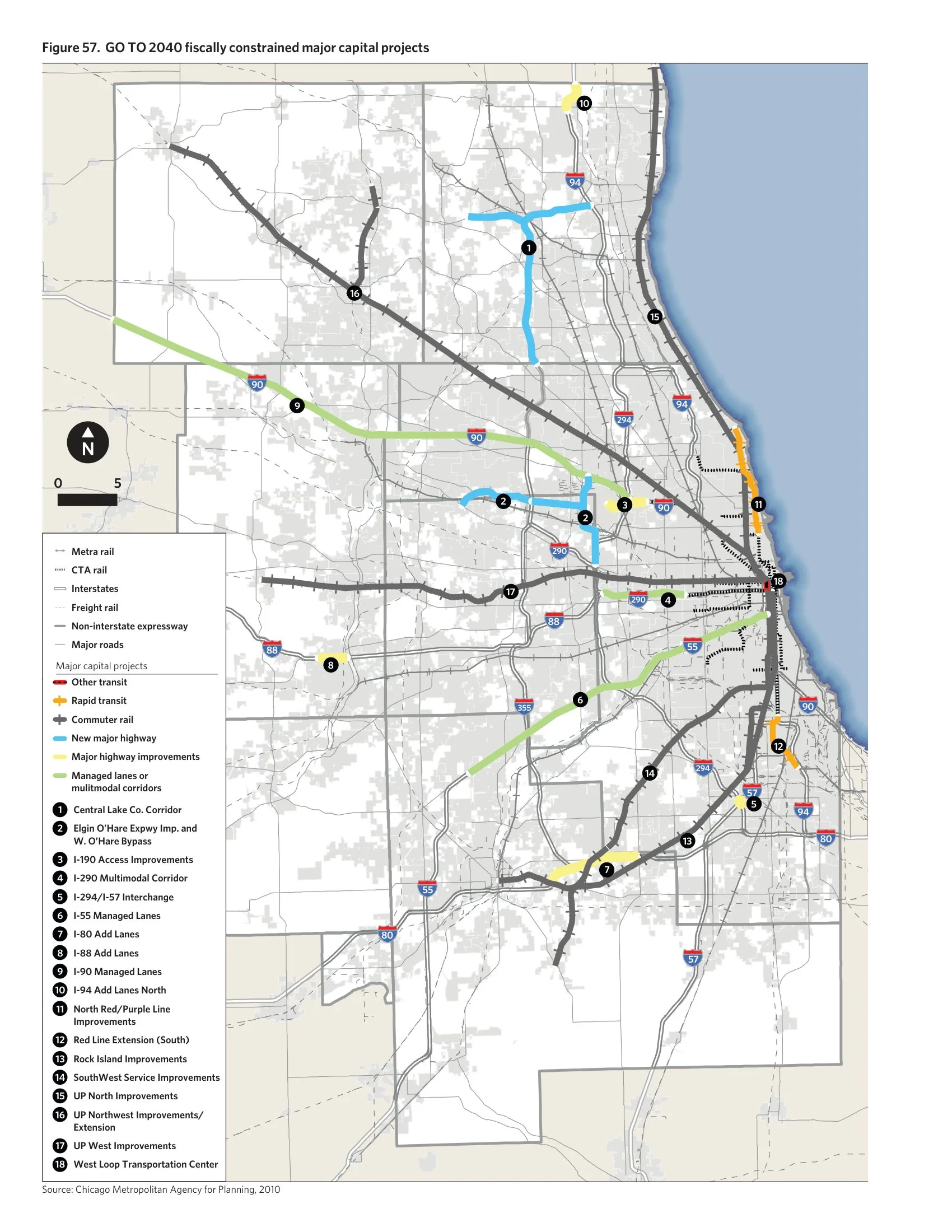 GO TO 2040 map of fiscally constrained major capital projects across the seven-county CMAP region: new highways, managed and multimodal corridors, rapid-transit and commuter-rail investments numbered 1–18.