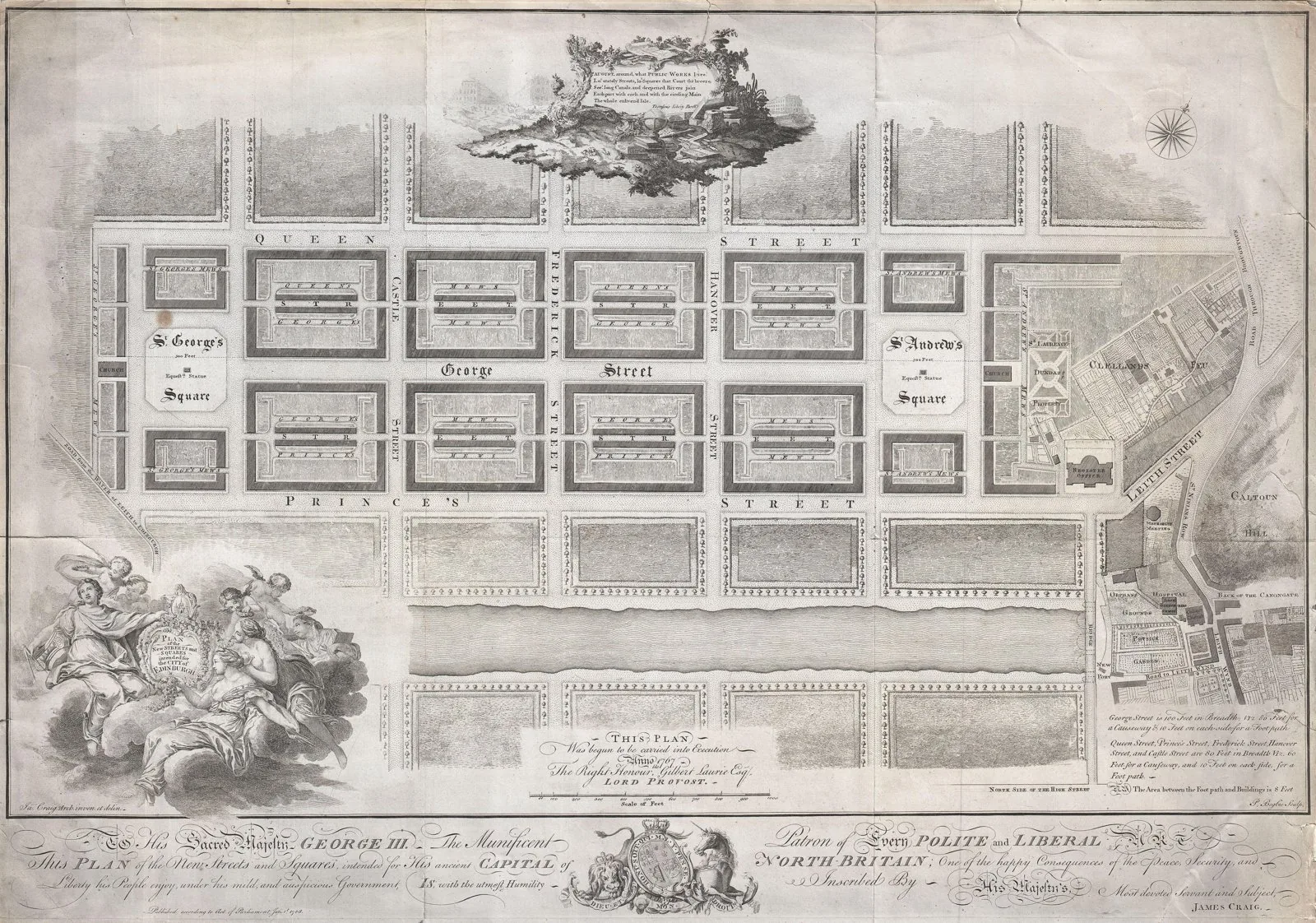 James Craig's prize-winning plan for Edinburgh's New Town — the original gridiron of parallel streets terminating in squares (St Andrew and Charlotte) that defined the Georgian New Town.