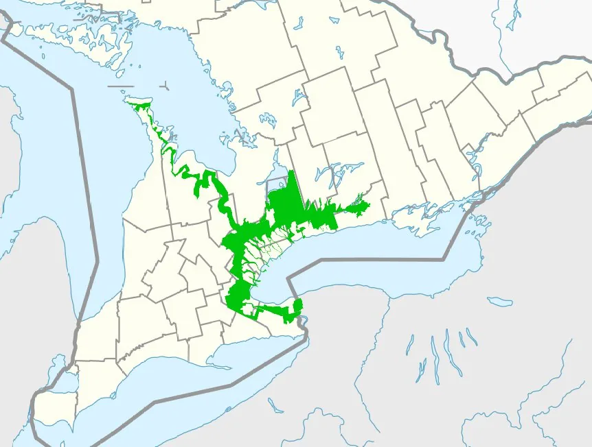 Map of the Ontario Greenbelt (legislated 2005) showing the extent of protected greenspace, farmland and the Niagara Escarpment / Oak Ridges Moraine wrapping the Greater Golden Horseshoe — i.e. the act