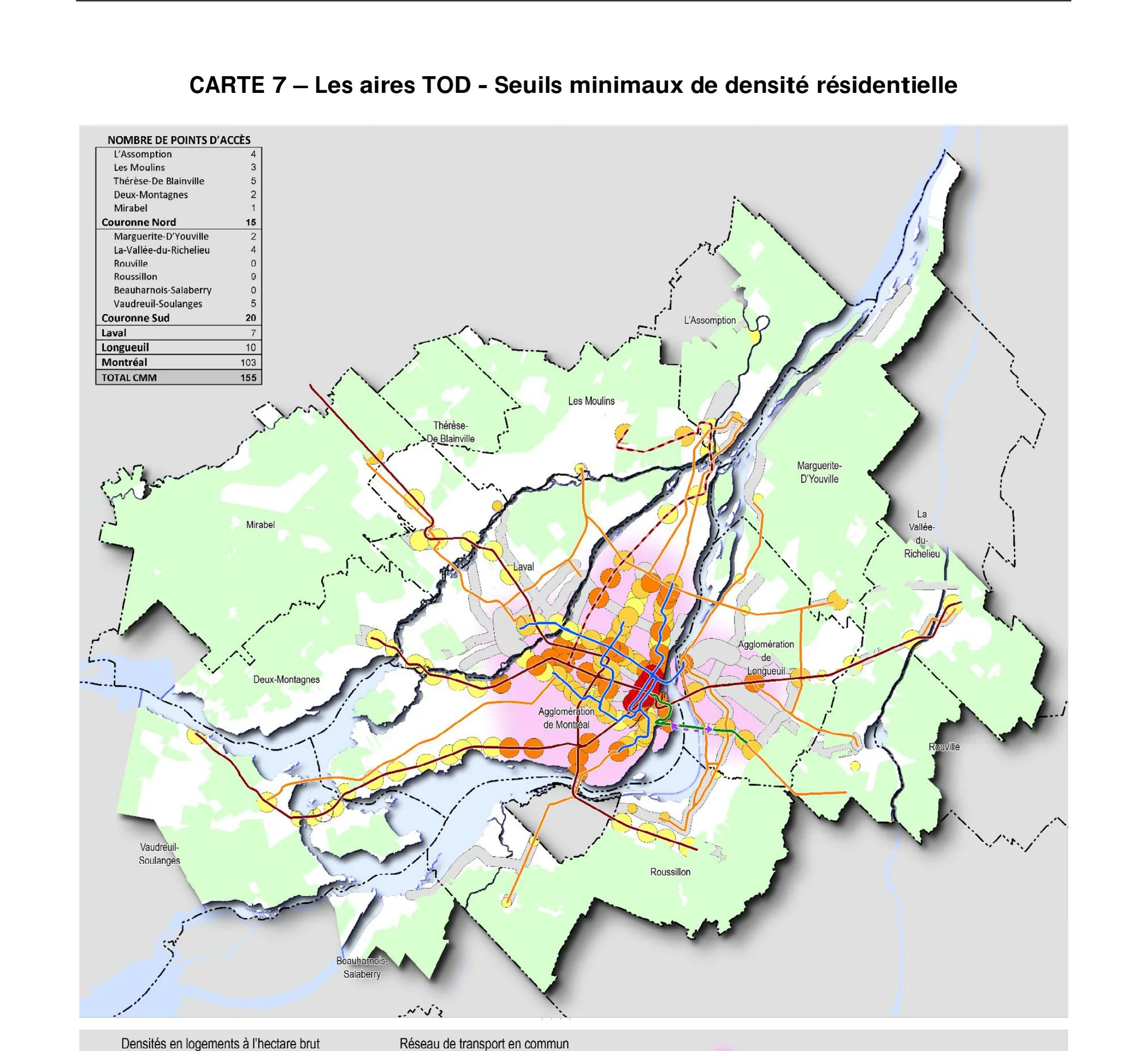 PMAD Carte 7: the TOD areas of Greater Montréal with minimum residential density thresholds at metro, train, light-rail and rapid-bus access points, and the agricultural zone