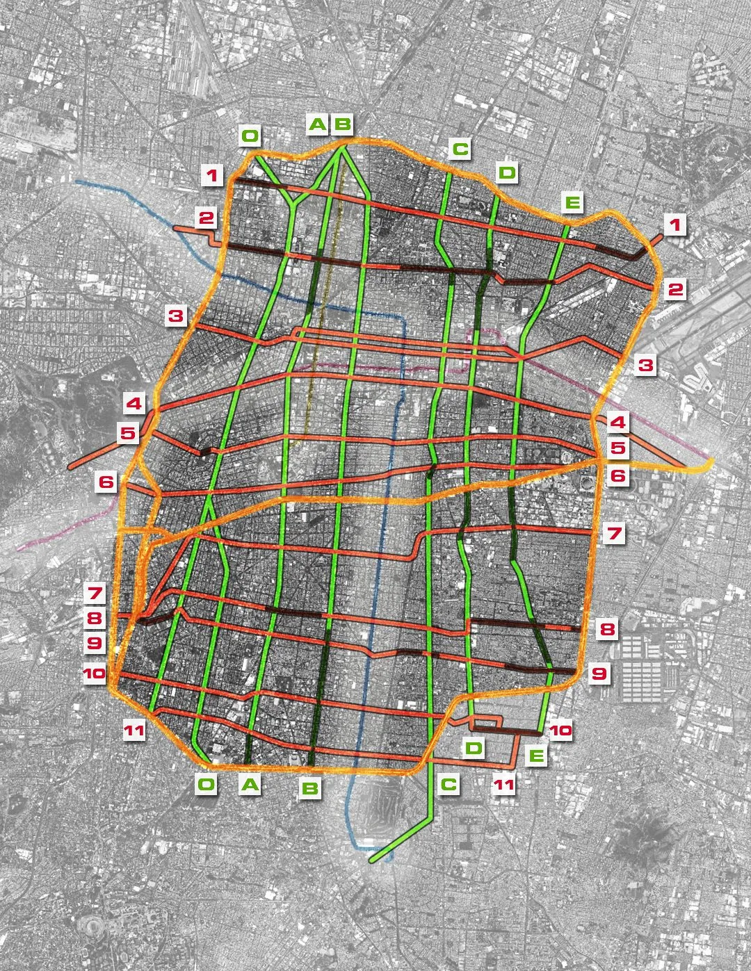 "Primera propuesta de ejes viales": the arterial grid proposed for the Federal District under the 1976 Plan Director / Plan de Desarrollo Urbano, with the numbered north-south and east-west ejes and the ring of the Circuito Interior.