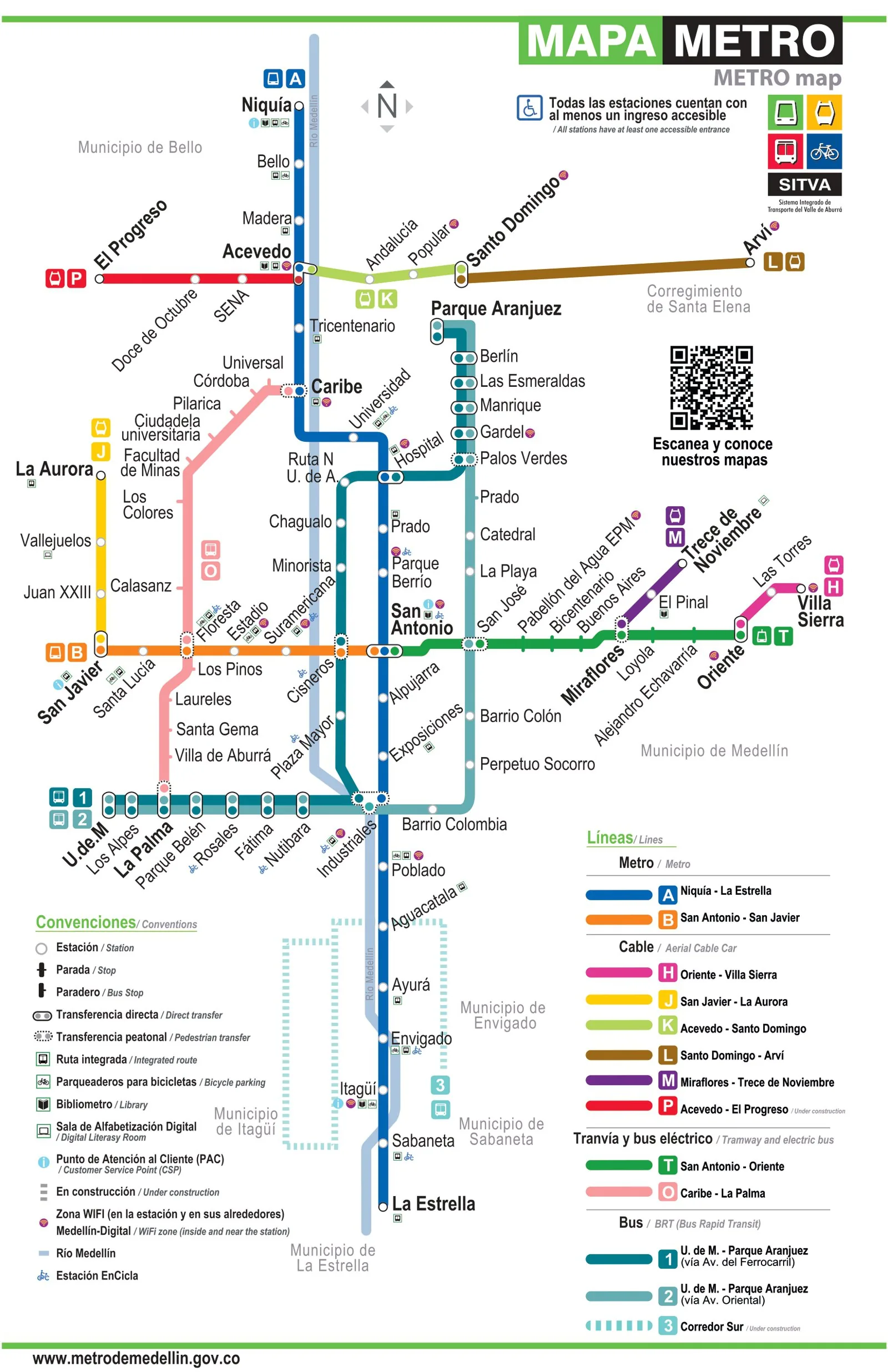 Official schematic network map of the integrated Medellin Metro system, showing the rail lines and the MetroCable gondola lines (K, J, L, H, M, P) that form the transit-oriented PUI corridor strategy.