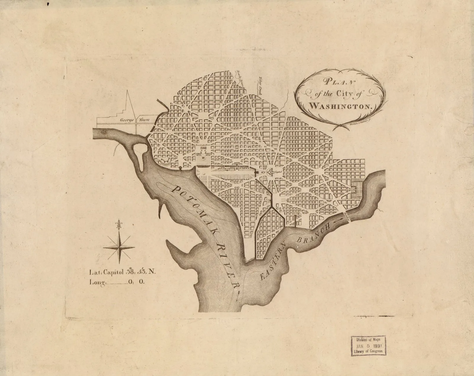 The published engraving of Pierre L'Enfant's 1791 plan for Washington, D.C., showing the radial diagonal avenues overlaid on a rectangular street grid with reserved sites for the Capitol and President