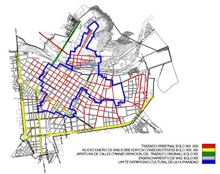 Plan of the historic centre of Lima, the gridded core that the 1949 Plan Piloto sought to modernise.