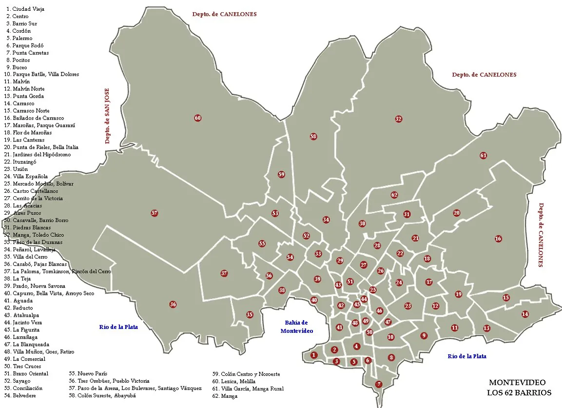 Plan/zoning map of Montevideo showing its 62 official neighbourhoods and territorial subdivision - the city-wide spatial structure addressed by the 1998 Plan de Ordenamiento Territorial (POT). The POT
