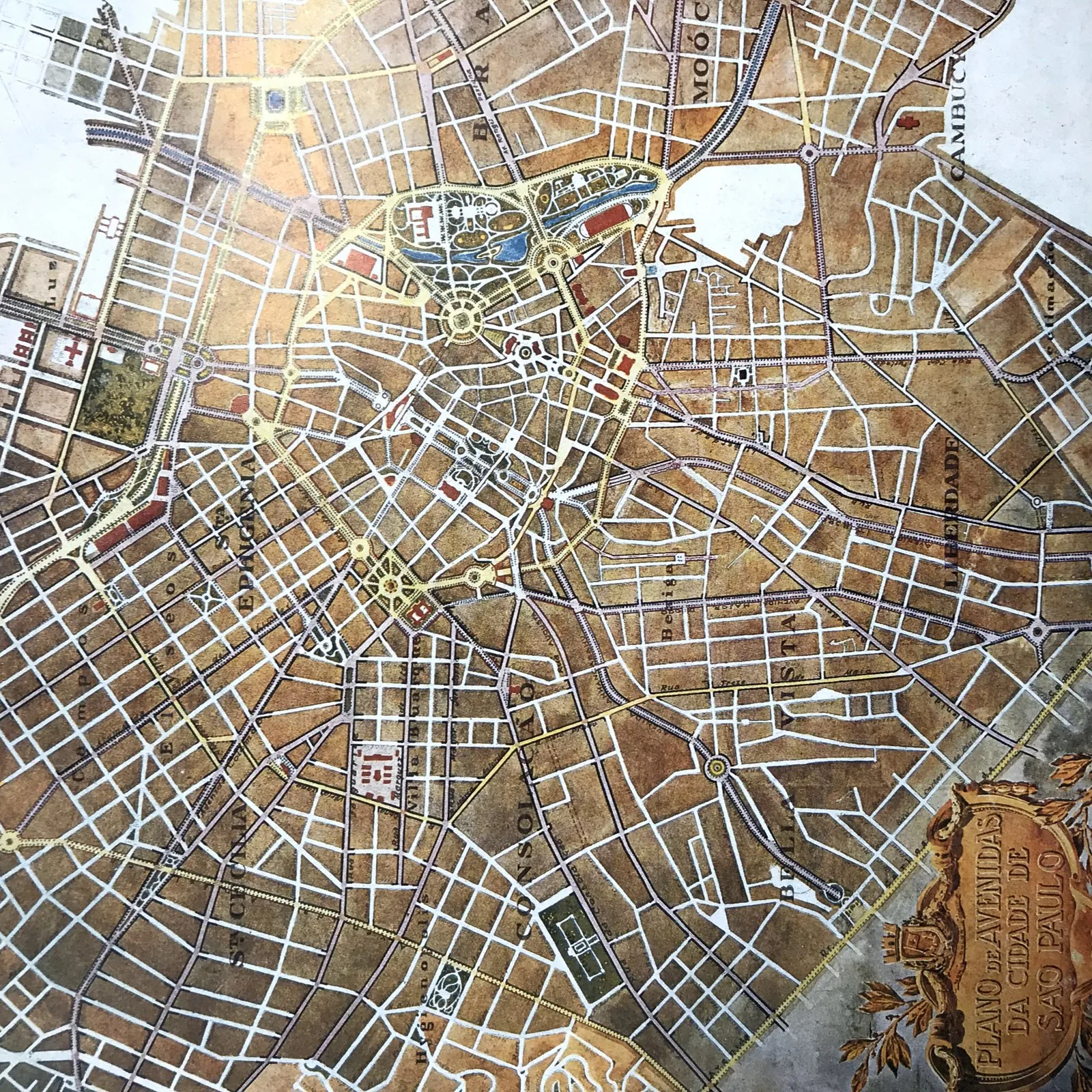Detail of the General Plan of Central Improvements (Plano Geral dos Melhoramentos Centrais) from Prestes Maia's 1930 Plano de Avenidas, showing the radial-perimeter avenue system applied to central Sã