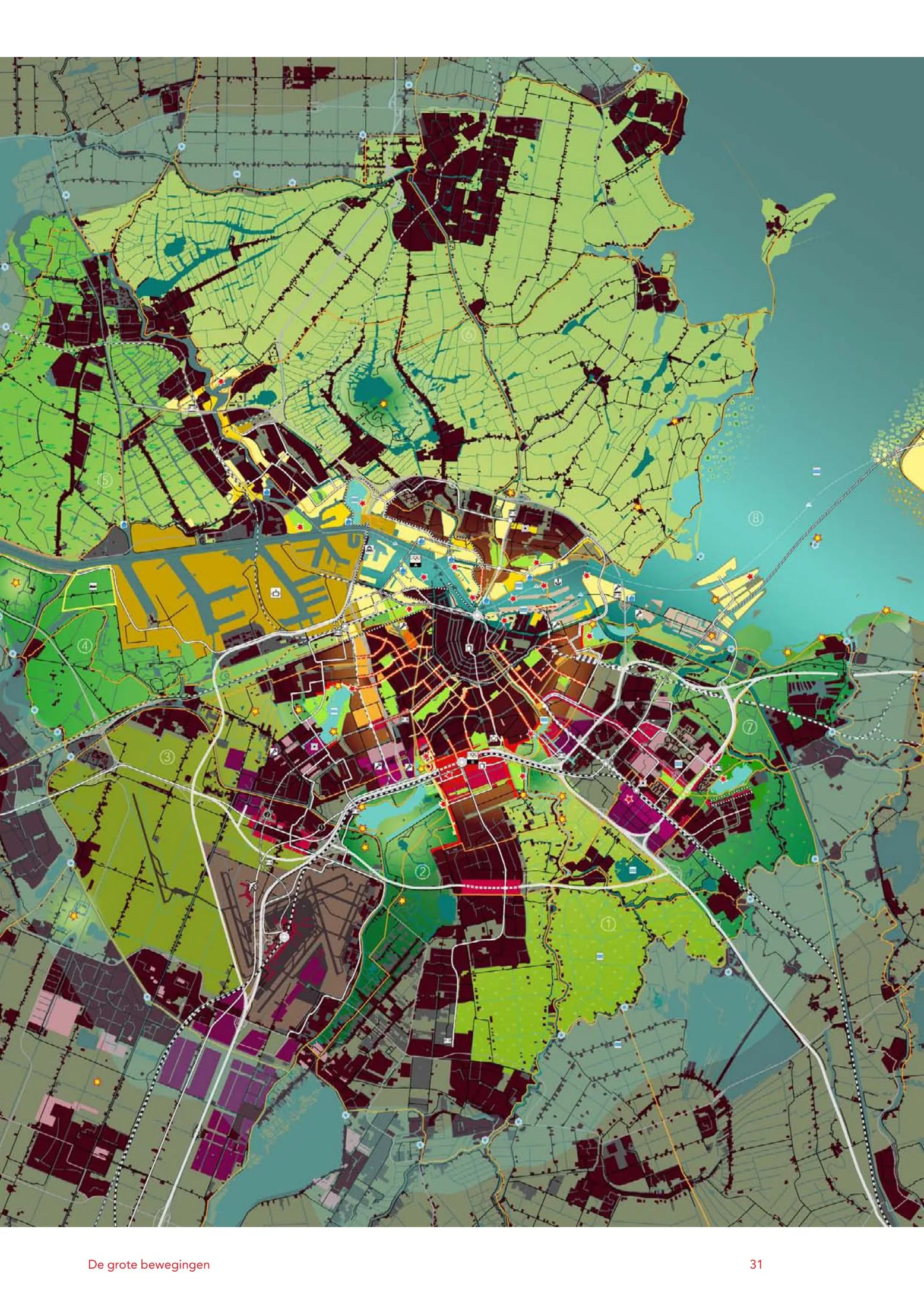 The main structure-plan map of Structuurvisie Amsterdam 2040 ('de grote bewegingen'): expanding central area, IJ waterfront, southern flank and the green scheggen of the metropolitan landscape.