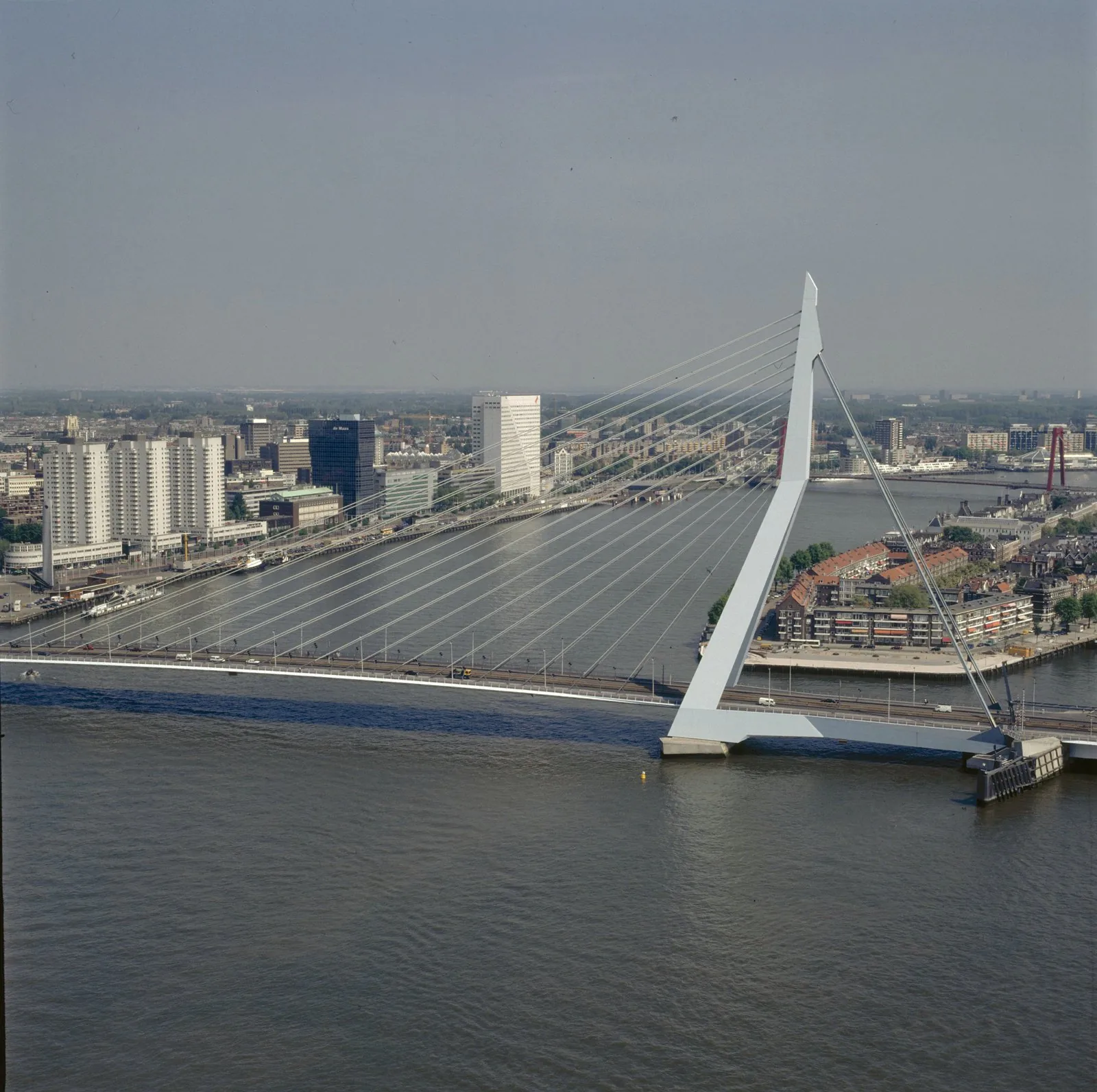 Overview of the Erasmus Bridge, the Maas and the skyline of Rotterdam