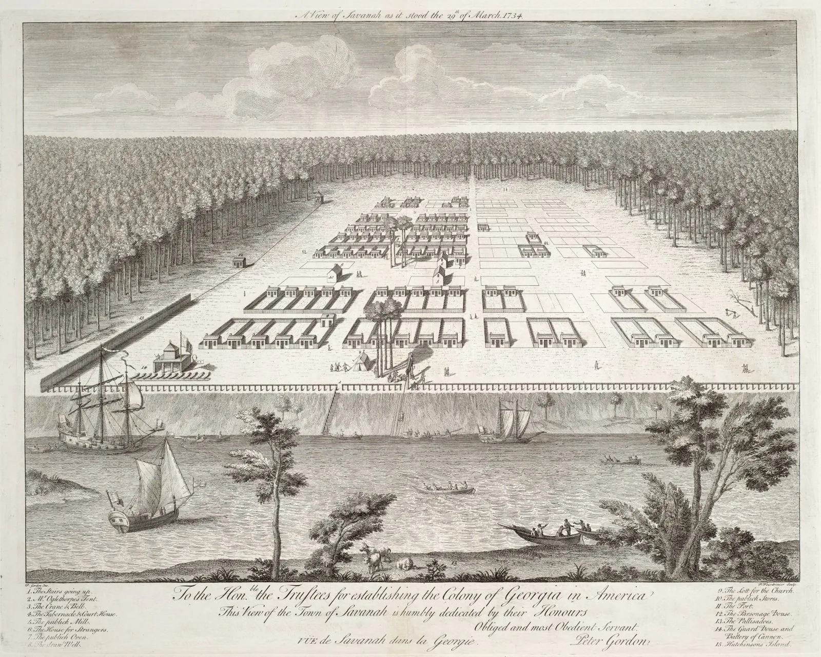 The earliest printed bird's-eye view of Savannah, showing Oglethorpe's ward-and-square grid laid out in 1733 — four wards each with tything and trust blocks arrayed around central squares.