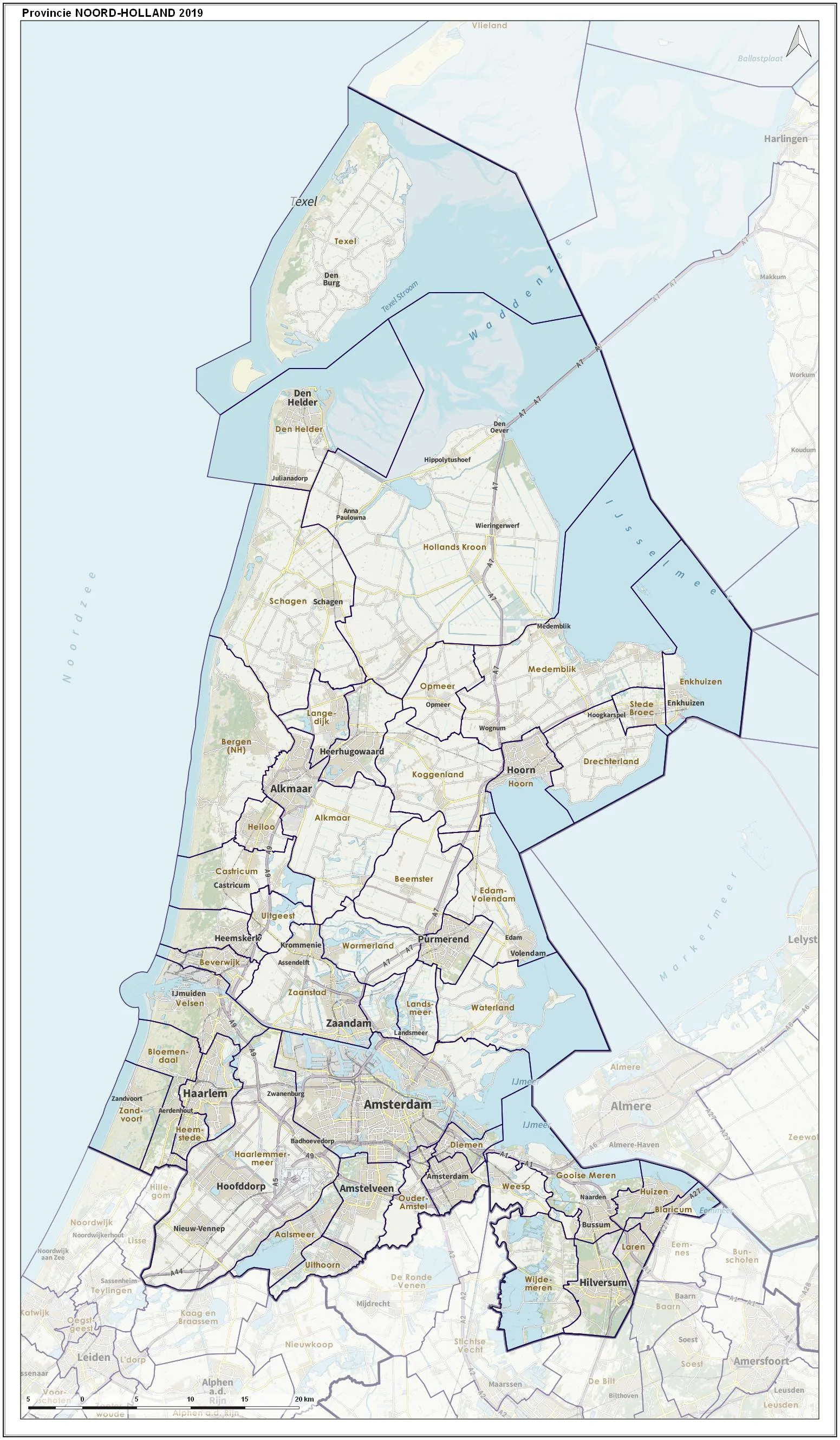 Topographic map of the province of Noord-Holland, the area of the Omgevingsvisie Noord-Holland 2050.