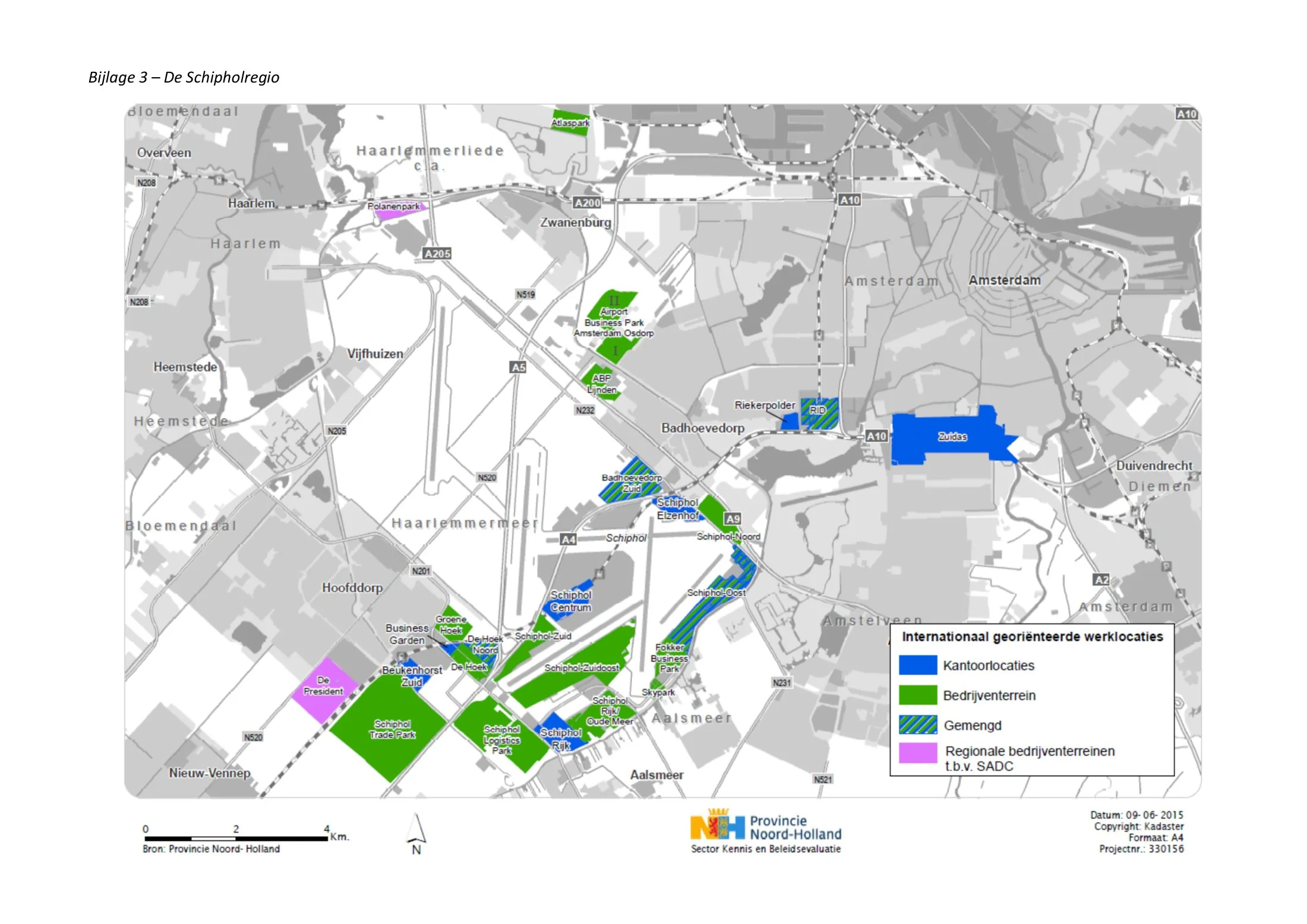 Planning map of the SADC strategy area: internationally oriented office locations, business parks and mixed sites ringing Schiphol, from Schiphol Trade Park and Schiphol Logistics Park to Zuidas.