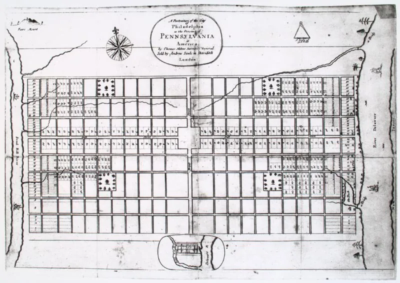 Thomas Holme's 1683 'A Portraiture of the City of Philadelphia' — the original engraved grid plan of Philadelphia laid out by William Penn and Thomas Holme (planned 1682), the first printed map of an 