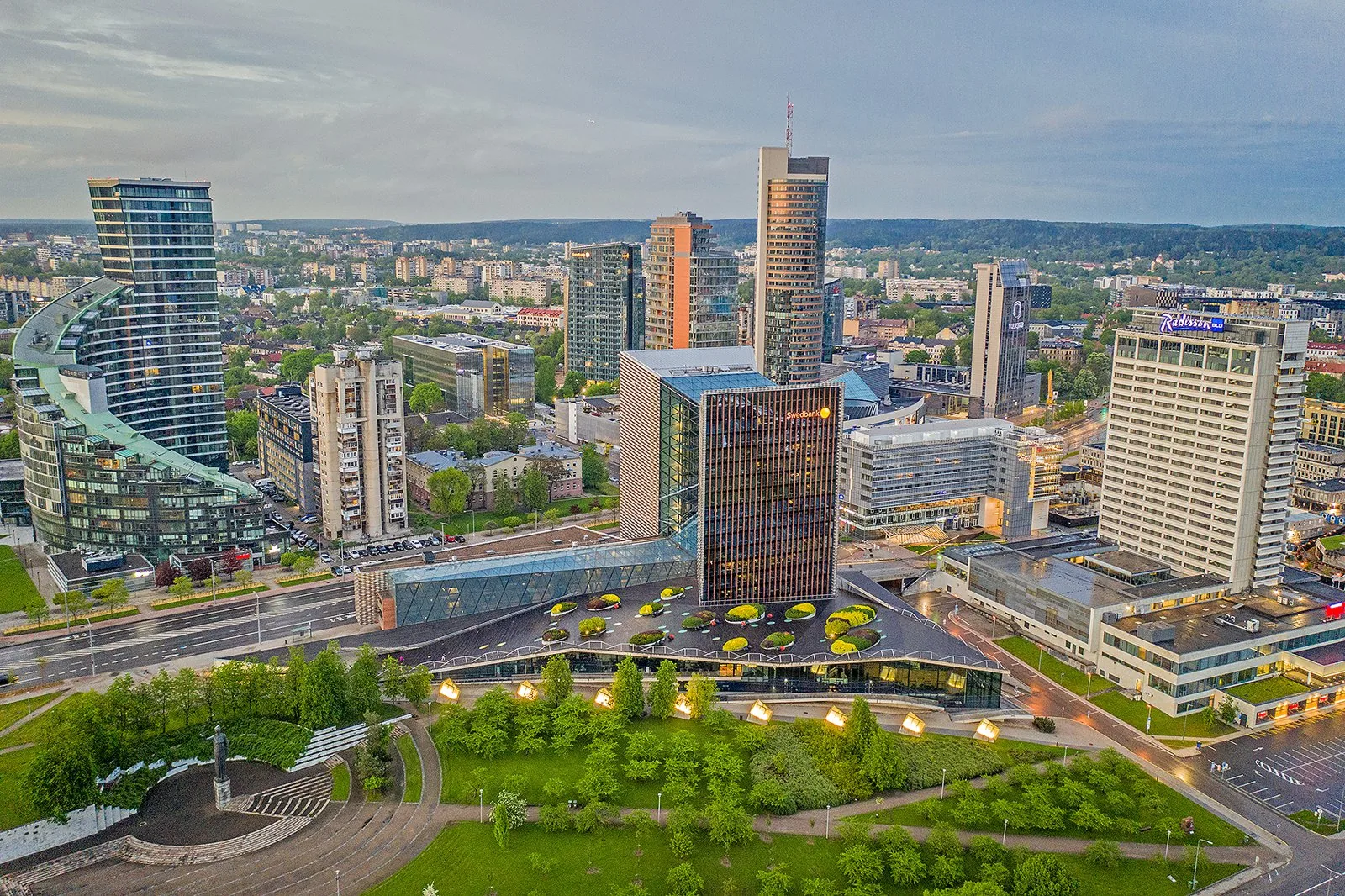 Elevated view of the modern Vilnius skyline and central business district (2021).