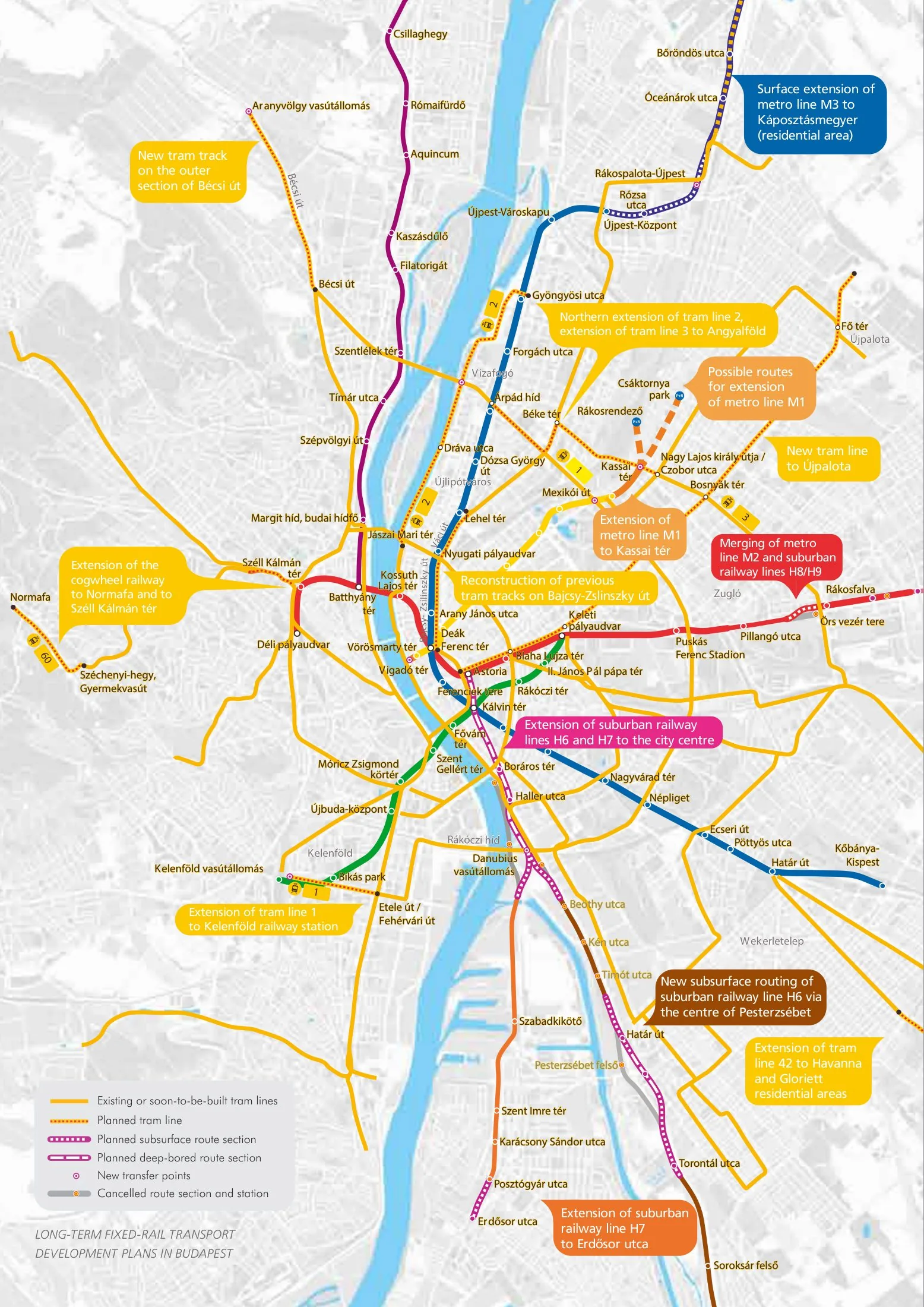 Long-term fixed-rail transport development plan for Budapest from the Balázs Mór Plan, showing planned metro, tram and suburban railway extensions.