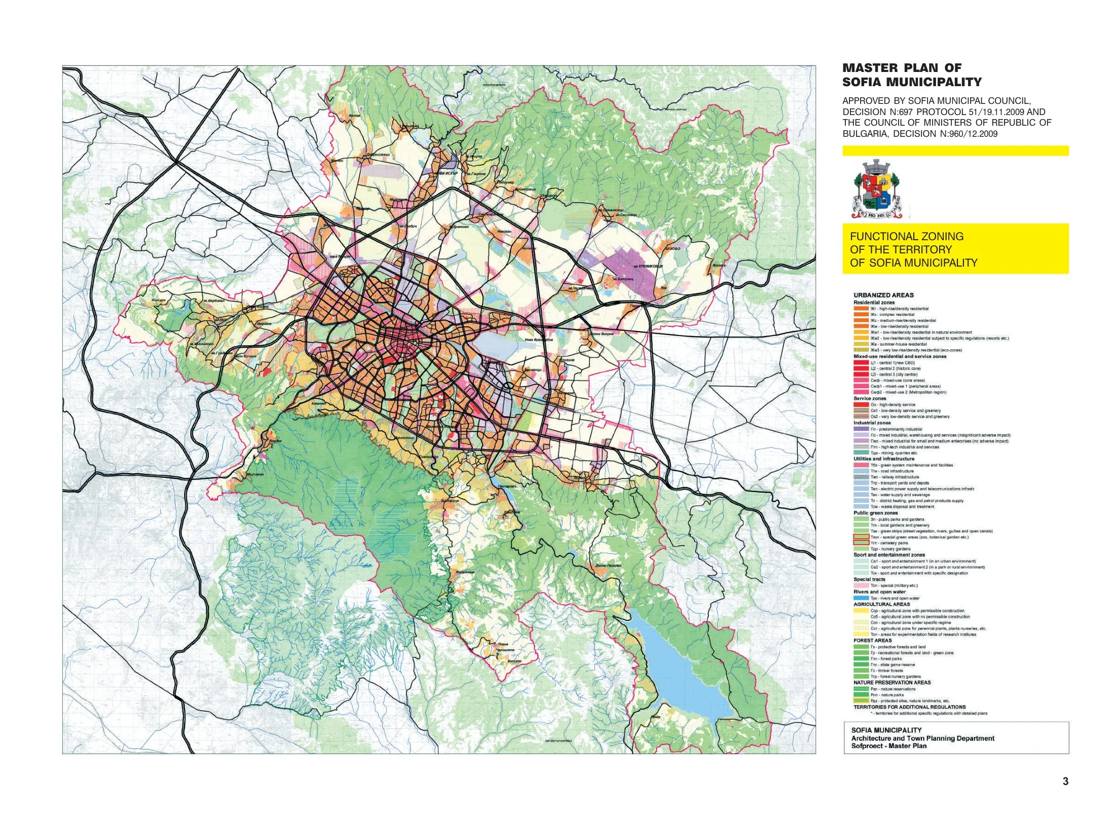 Master Plan of Sofia Municipality: functional zoning of the territory, showing the compact urbanised core, the radial-plus-ring road and rail structure and the green wedges reaching in from Vitosha and the surrounding mountains