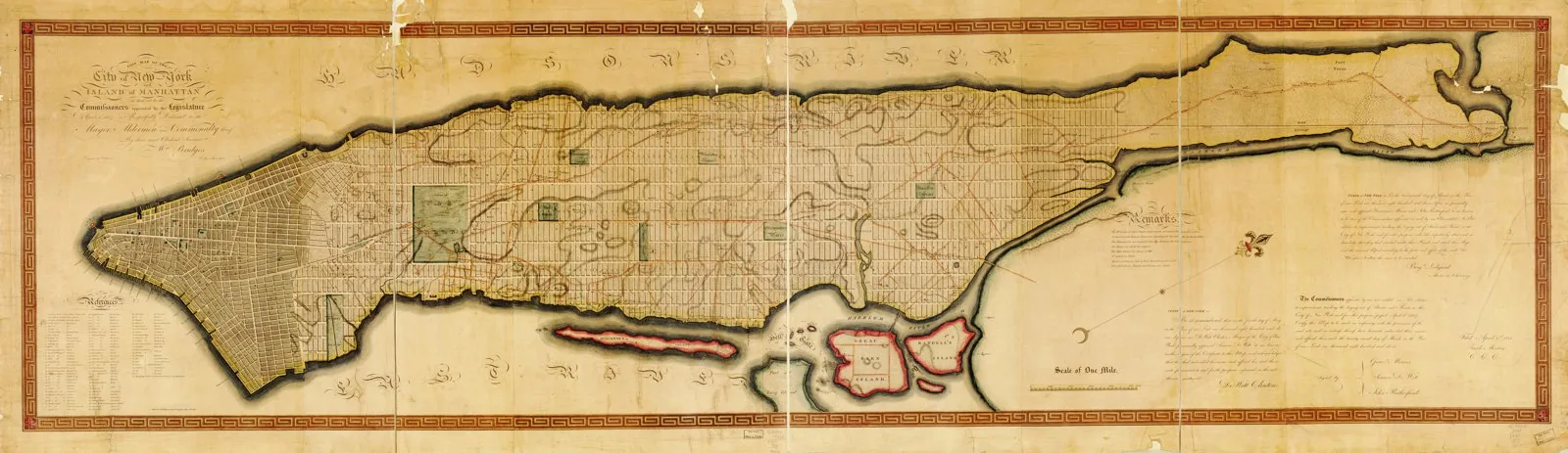 The official 1811 Commissioners' Plan map of Manhattan by William Bridges, superimposing the regular rectilinear grid of numbered streets and twelve avenues over the island north of the existing lower