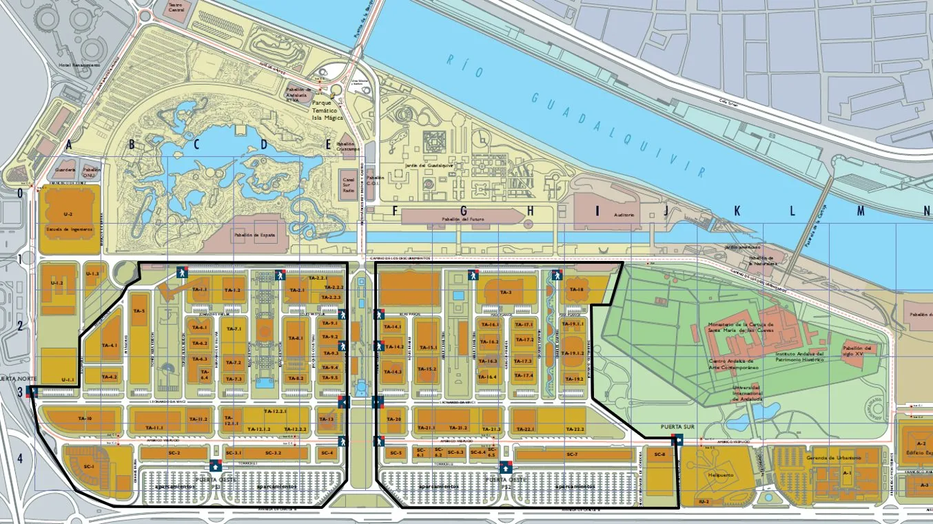 Site plan of the Isla de la Cartuja, Seville: the Expo '92 grounds re-parcelled as the Cartuja science and technology park (plots TA/SC), with Isla Mágica, the Guadalquivir, the Monasterio de la Cartuja and the conservation-entity boundary.