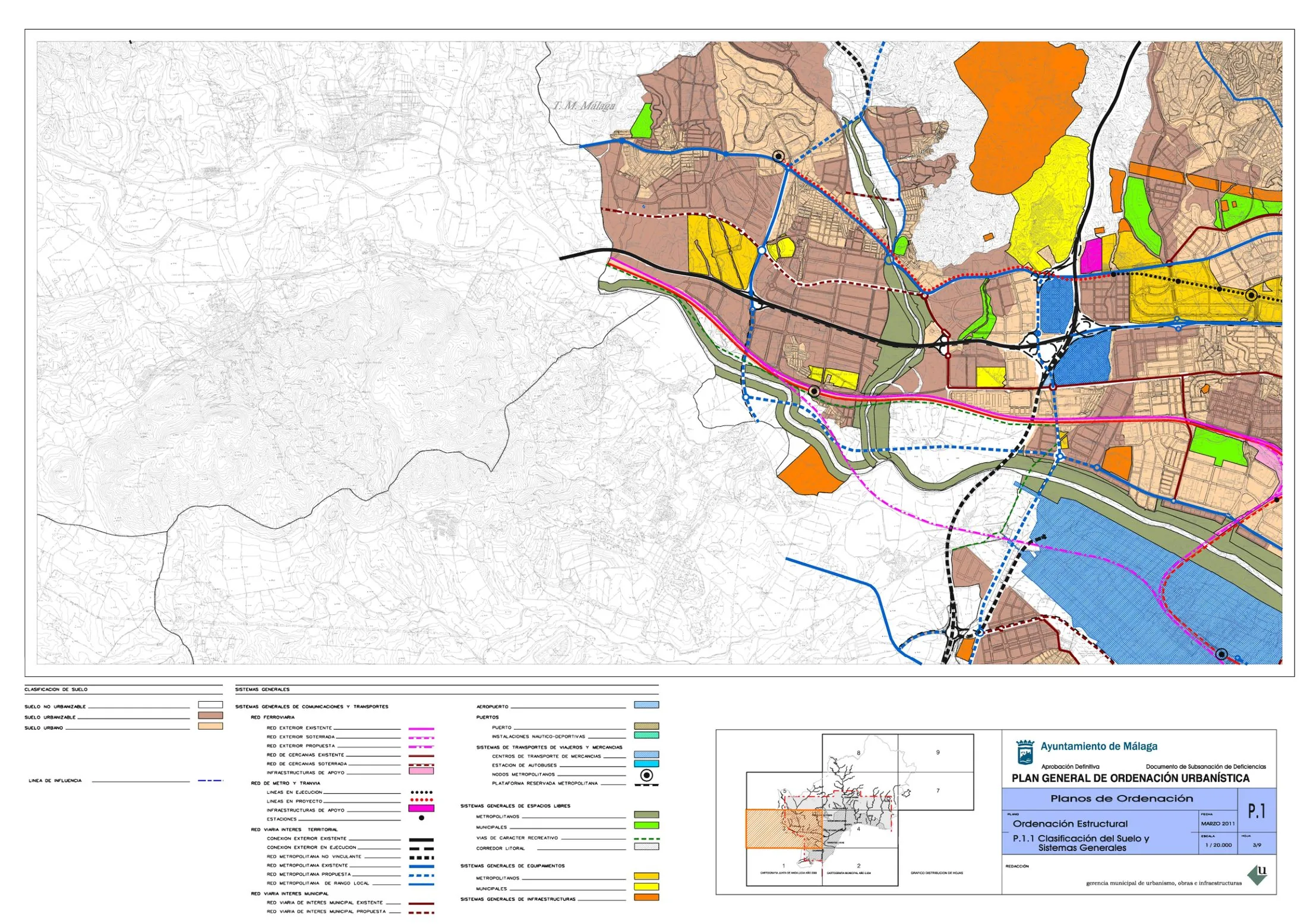 Málaga PGOU 2011 structural ordering sheet P.1.1: land classification and general systems across the western city and port, at 1:10,000