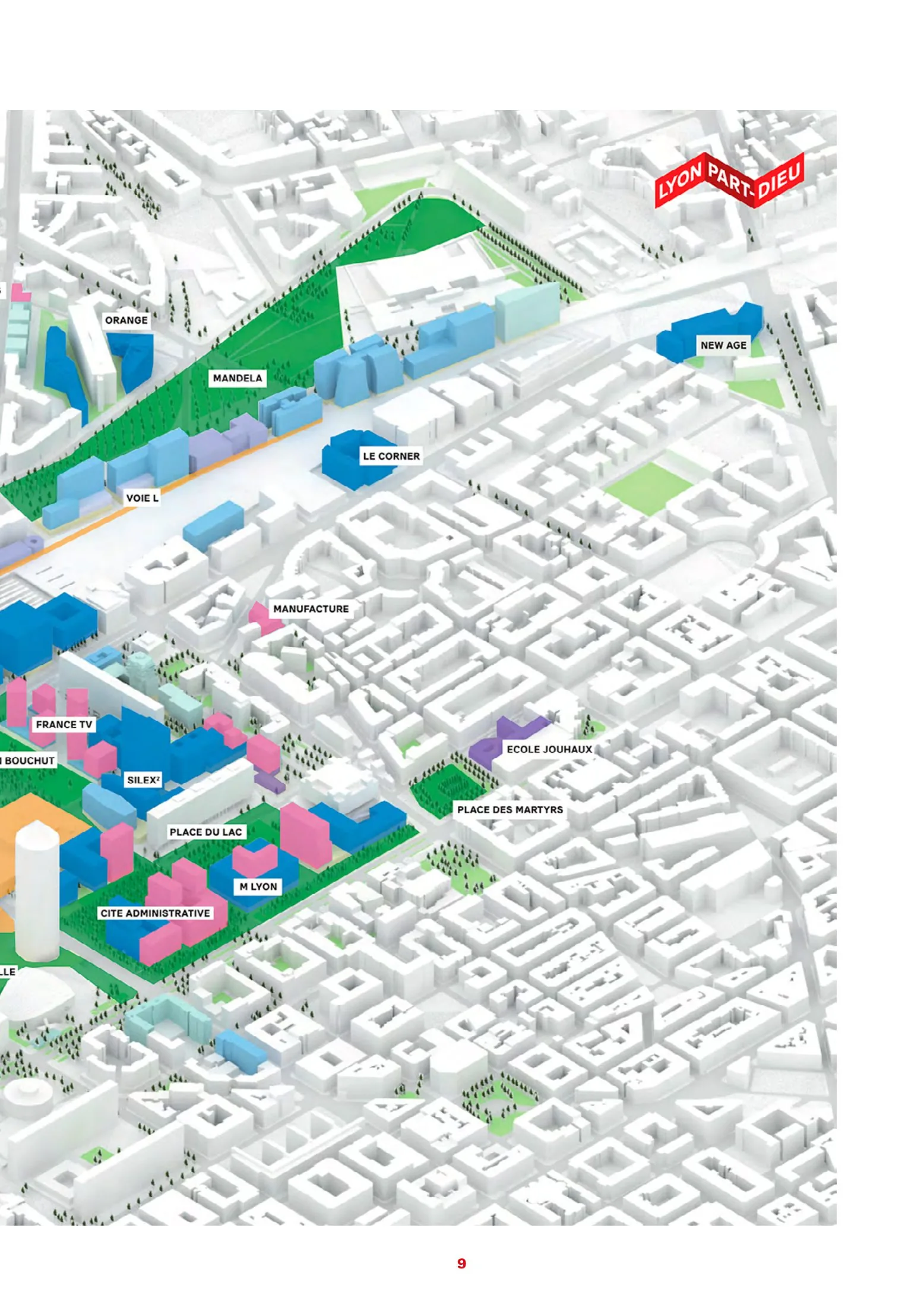 Masterplan axonometric of the Lyon Part-Dieu urban project: new and transformed buildings coloured against the existing fabric, the reworked public-space spine and the station district's green links.