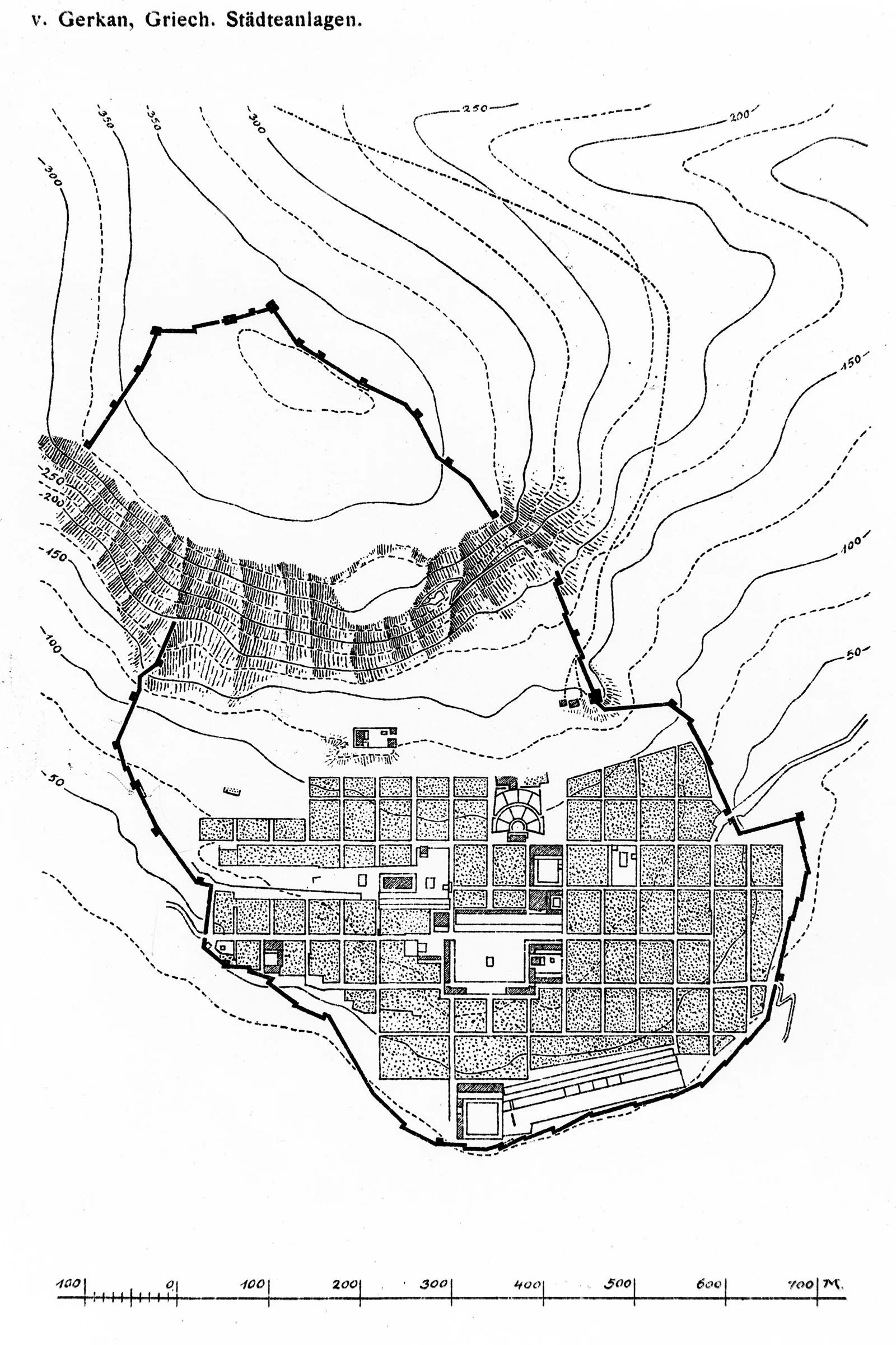 Measured archaeological plan of Priene showing the strict Hippodamian grid of insulae stepped across the hillside, with the Temple of Athena, agora, theatre and bouleuterion located — a clear drawing 