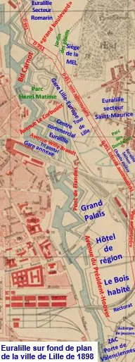 The Euralille (OMA / Rem Koolhaas) project footprint drawn over the 1898 cadastral plan of Lille, showing where the masterplan inserts the TGV station, Congrexpo and towers into the historic city. Clo