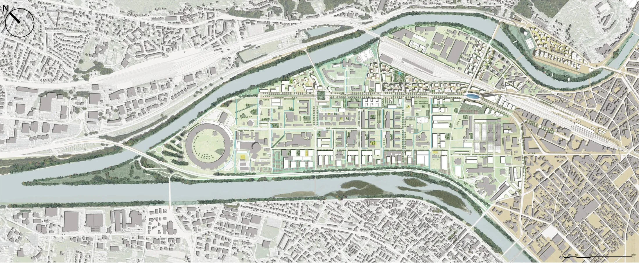 Plan guide for the Grenoble Presqu'île eco-district and innovation campus, set between the Drac and Isère: new streets and open blocks across the ZAC, with the Synchrotron and river parks.
