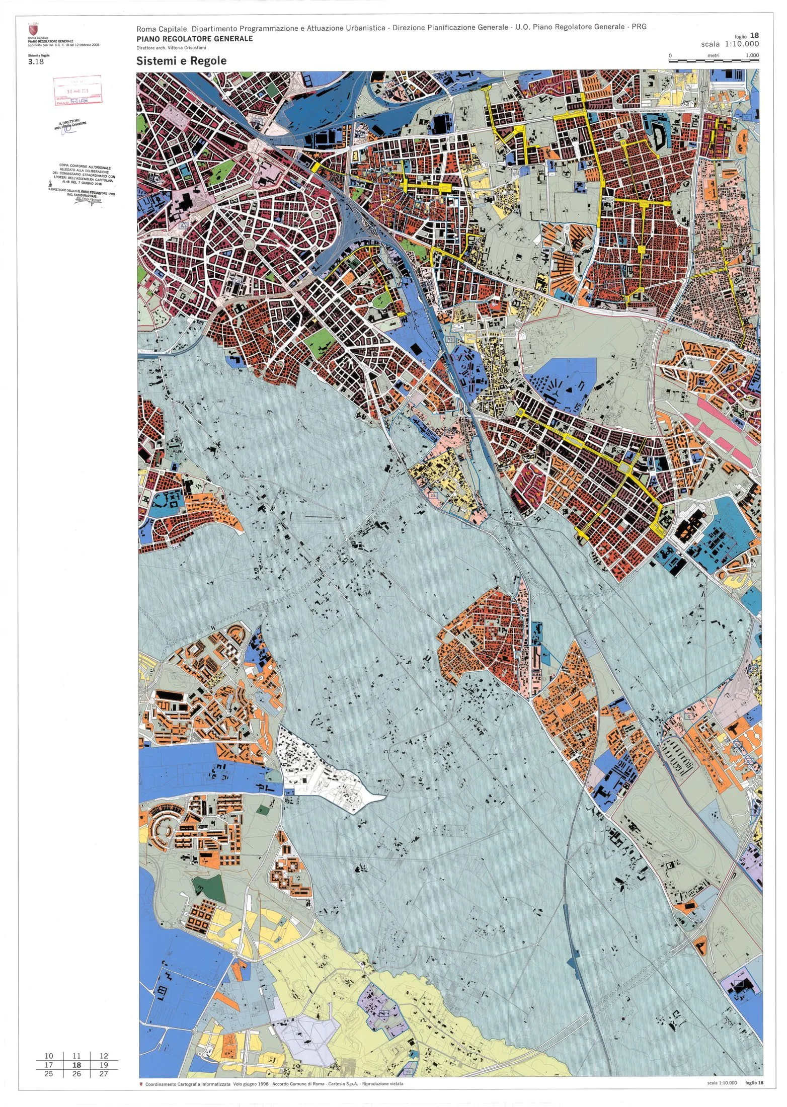 Rome PRG 2008, “Sistemi e Regole” sheet 18 (1:10,000): the historic, consolidated and to-be-restructured city read against the environmental system of the Agro Romano south of the centre