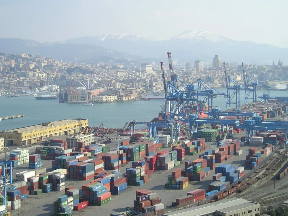 Panorama of Genoa's commercial port and old port (Porto Antico), the waterfront of the Blue District project.