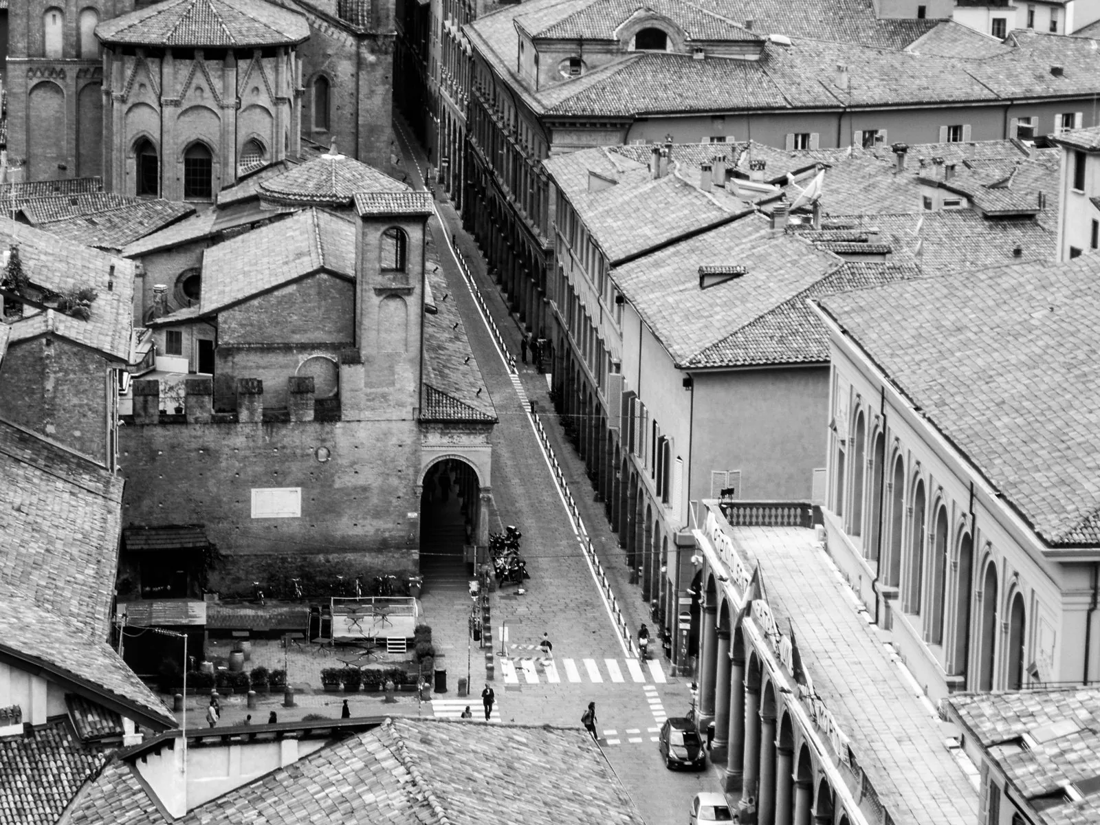 Aerial view over Piazza Verdi and central Bologna, Italy