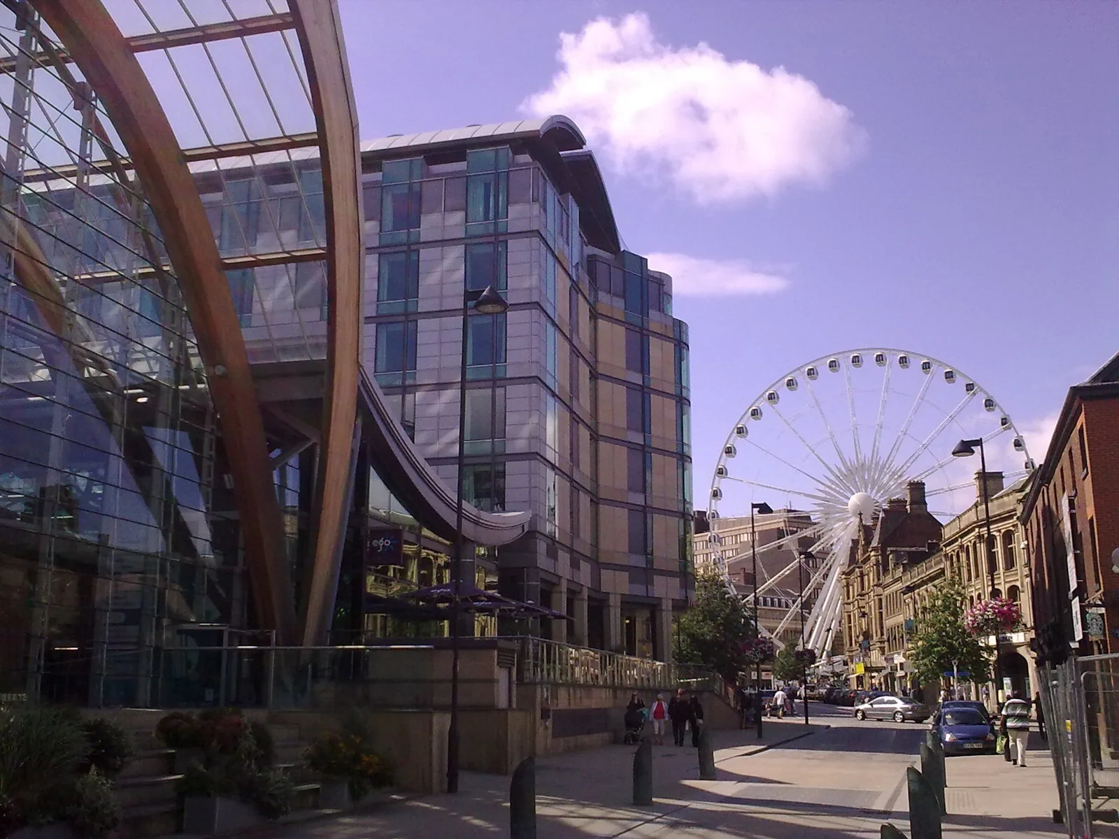 Sheffield city centre showing the Winter Gardens, Mercure Hotel and the Sheffield Wheel.