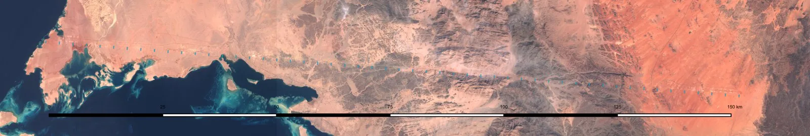 Sentinel-2 satellite mosaic (17/19 Oct 2022) showing the excavated linear footprint of The Line cutting across the NEOM desert, with a 150 km scale ruler. The straight-line corridor geometry of the pr