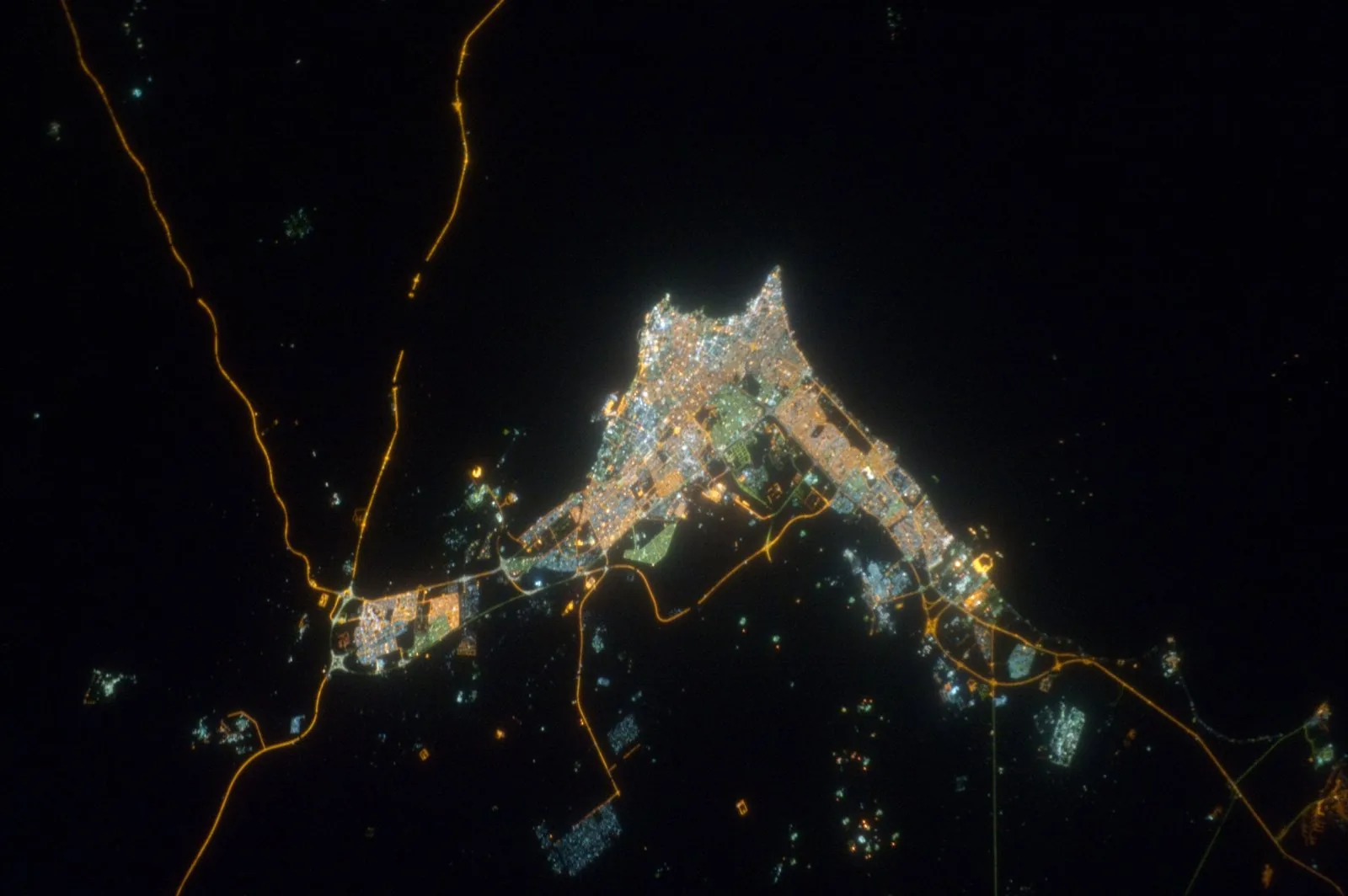 Satellite/aerial night view of Kuwait City and the country from the ISS.