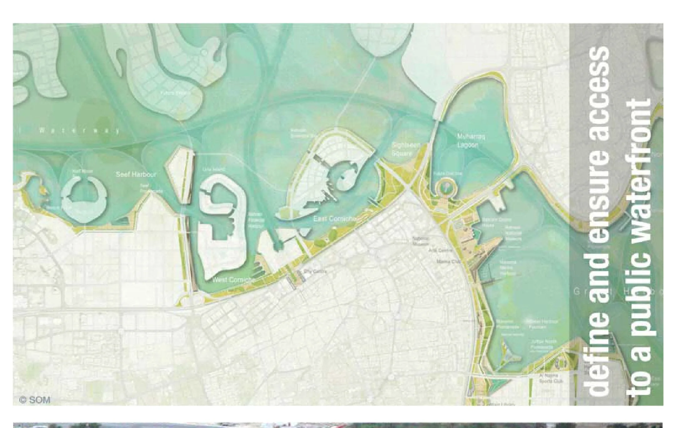 SOM plan for Bahrain’s public waterfront under the National Planning Development Strategy 2030: reclaimed islands, coastal parks and continuous public shoreline access around Manama