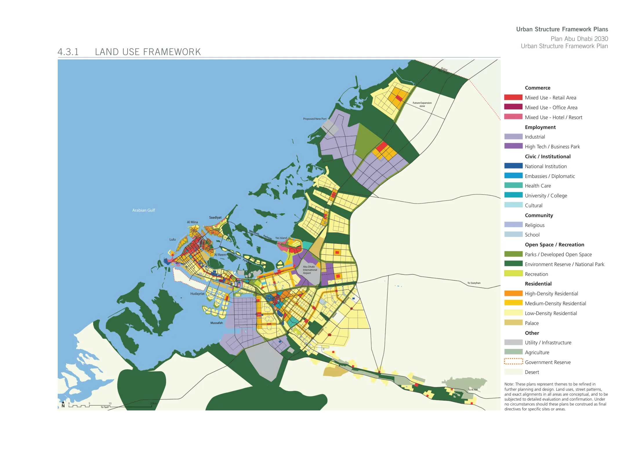 Land Use Framework Plan from Plan Abu Dhabi 2030 by the Urban Planning Council — the district structure within which the Estidama Pearl Community rating guides new communities