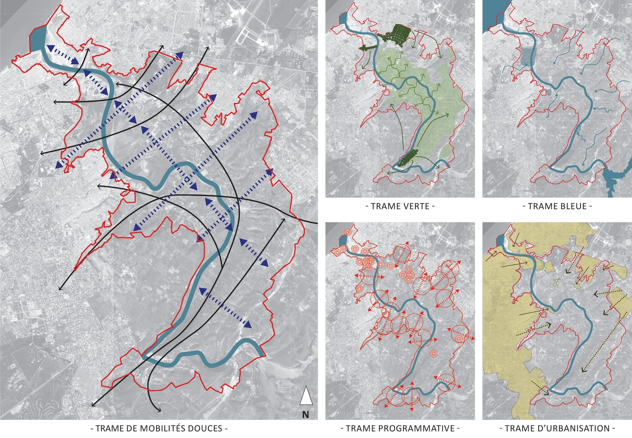 Structure diagrams for the Bouregreg Valley plan between Rabat and Salé: soft-mobility, green, blue, programmatic and urbanisation frameworks.
