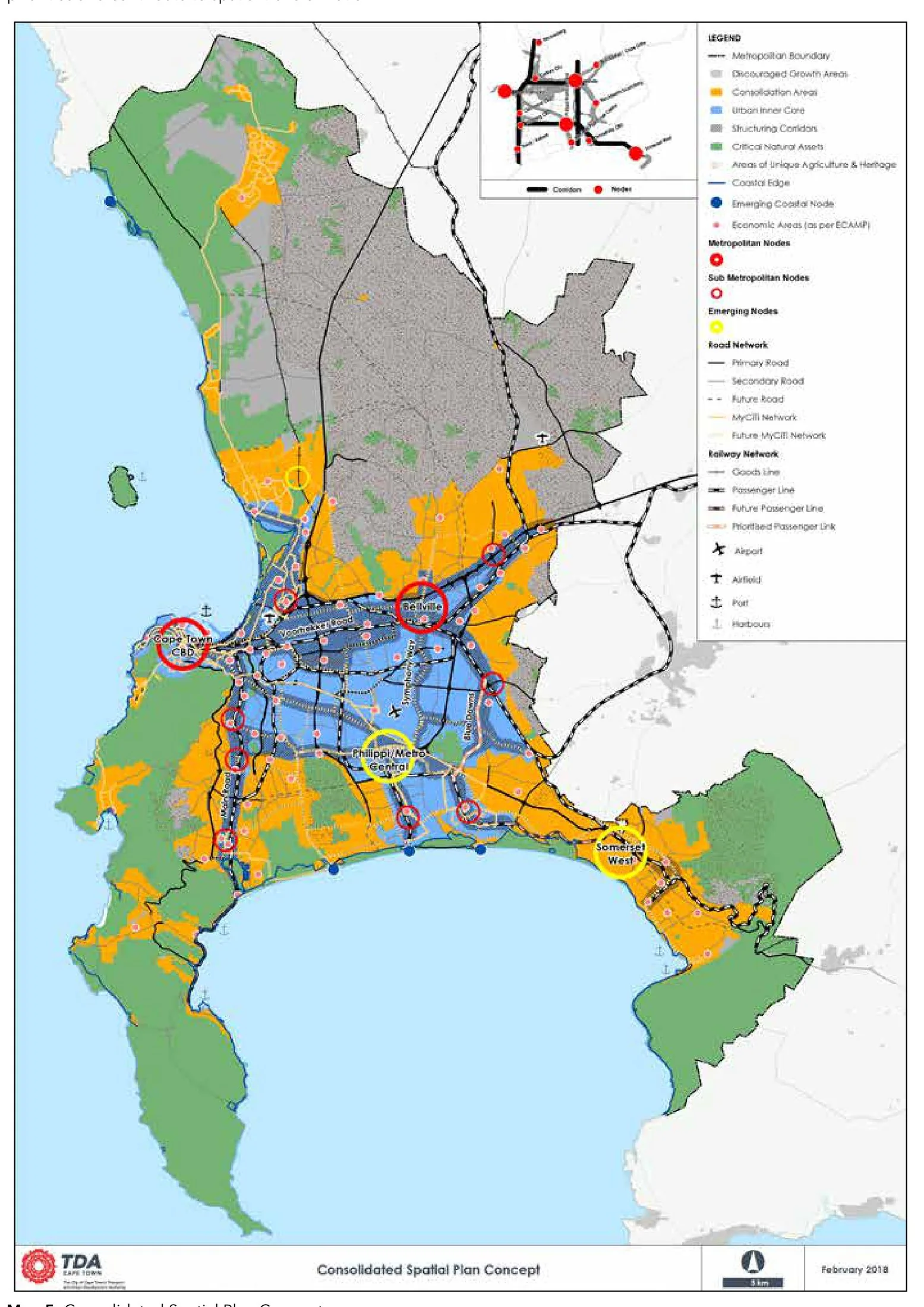 Map 5: Consolidated Spatial Plan Concept from Cape Town's Municipal Spatial Development Framework, showing the urban inner core, urban edge, corridors and transit-oriented growth areas.